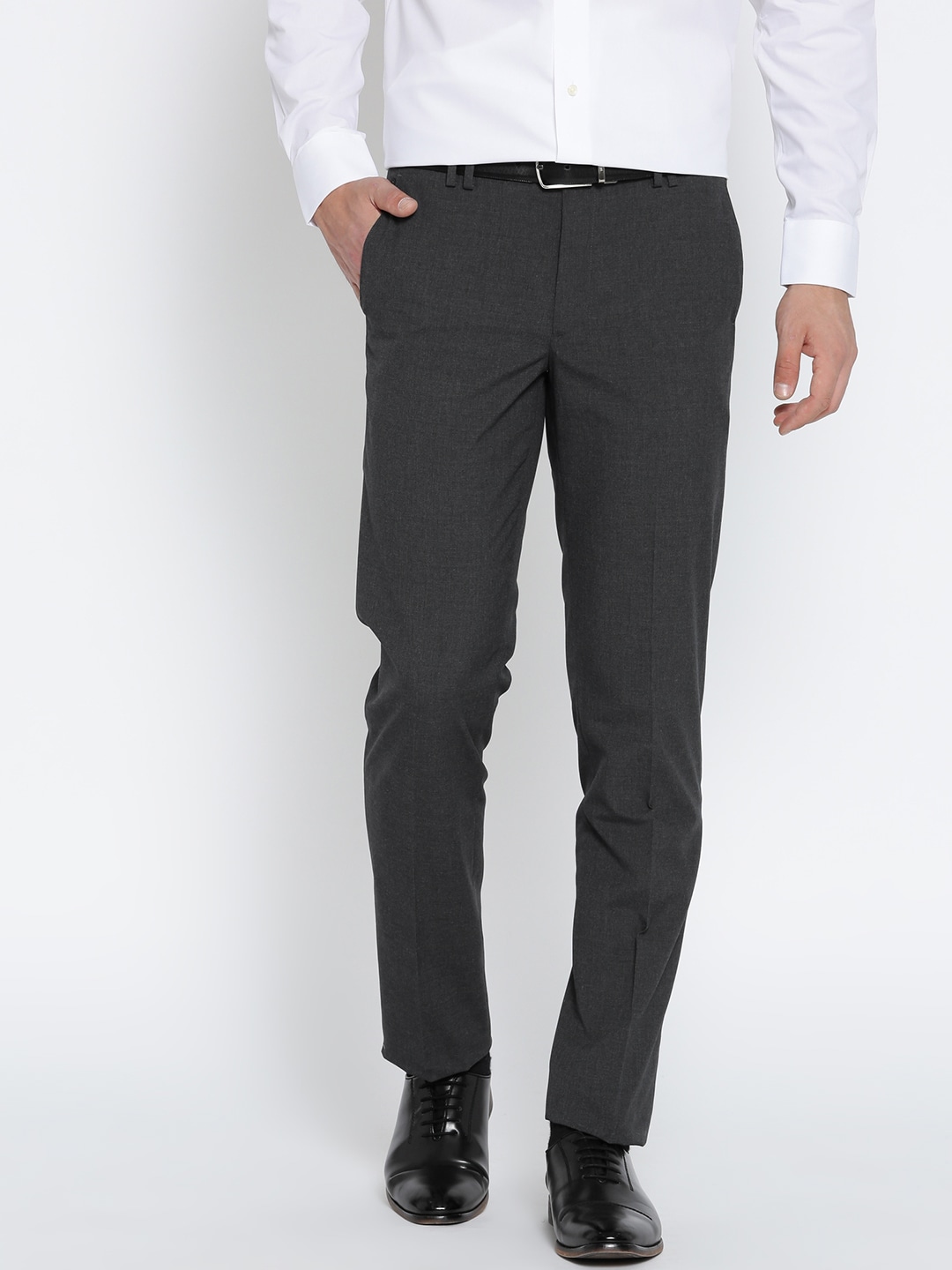 John Players Men Charcoal Grey Slim Fit Solid Formal Trousers