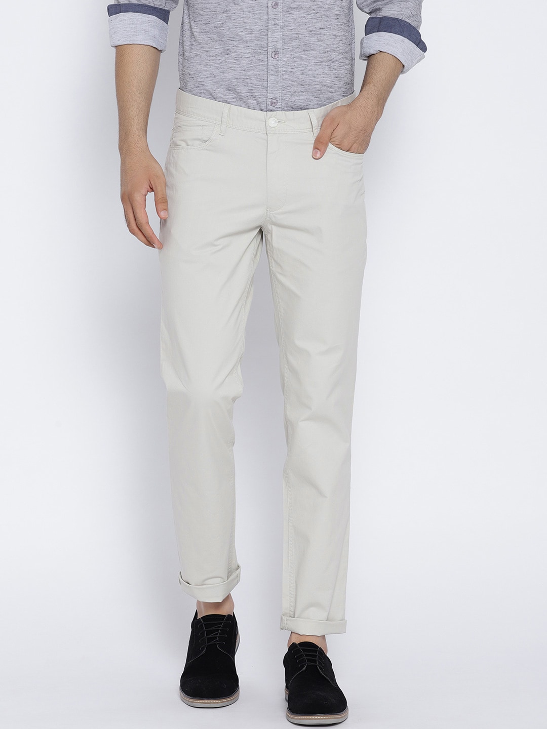 John Players Men Off-White Slim Fit Solid Chinos