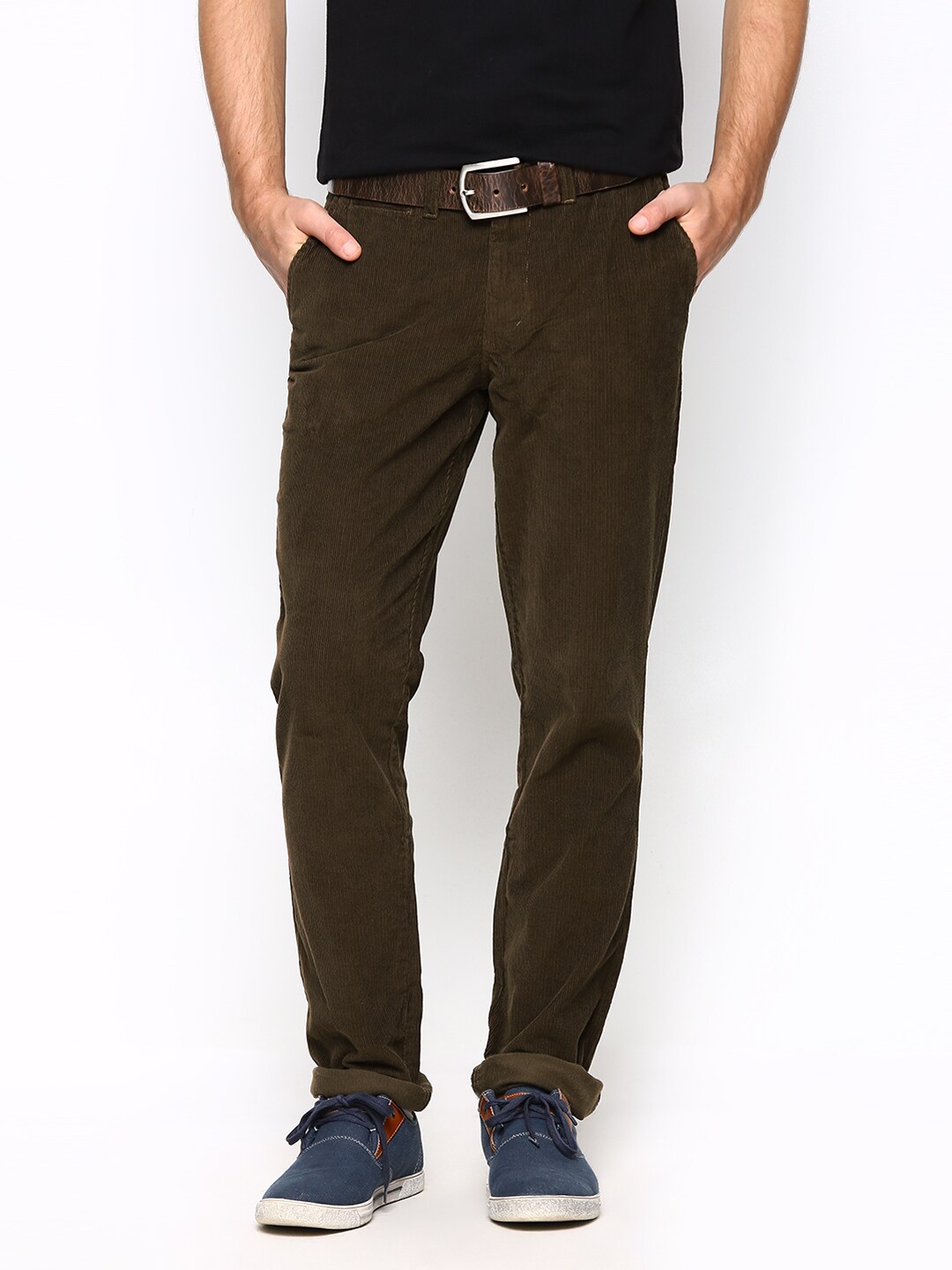 John Players Men Olive Green Slim Fit Corduroy Trousers