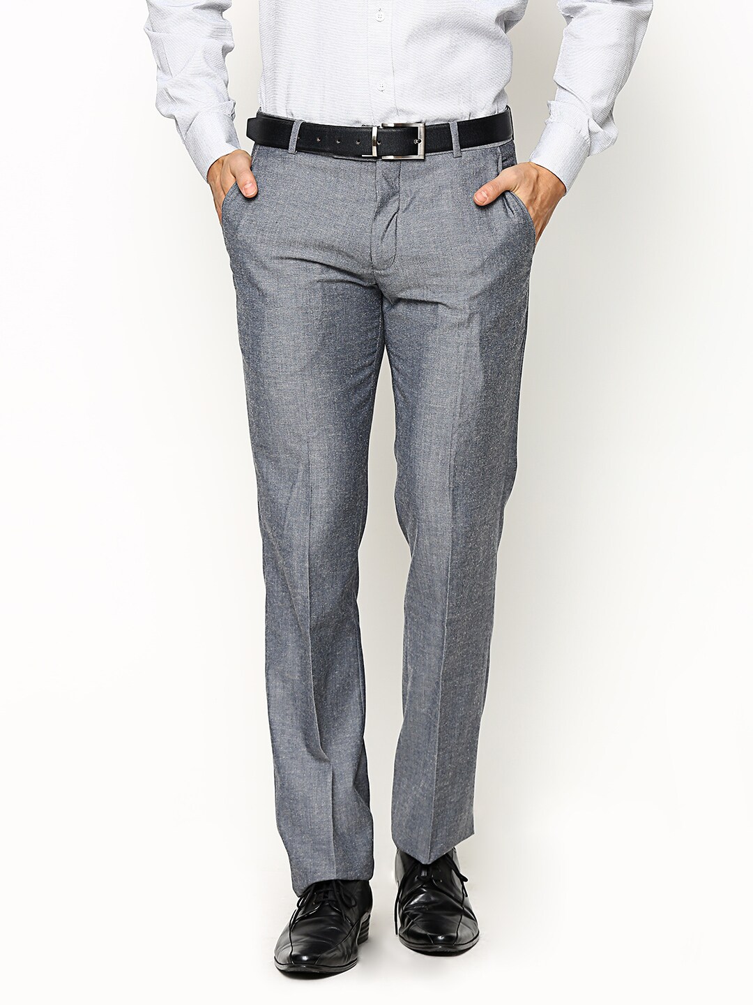 John Players Men Grey Slim Fit Linen Blend Formal Trousers