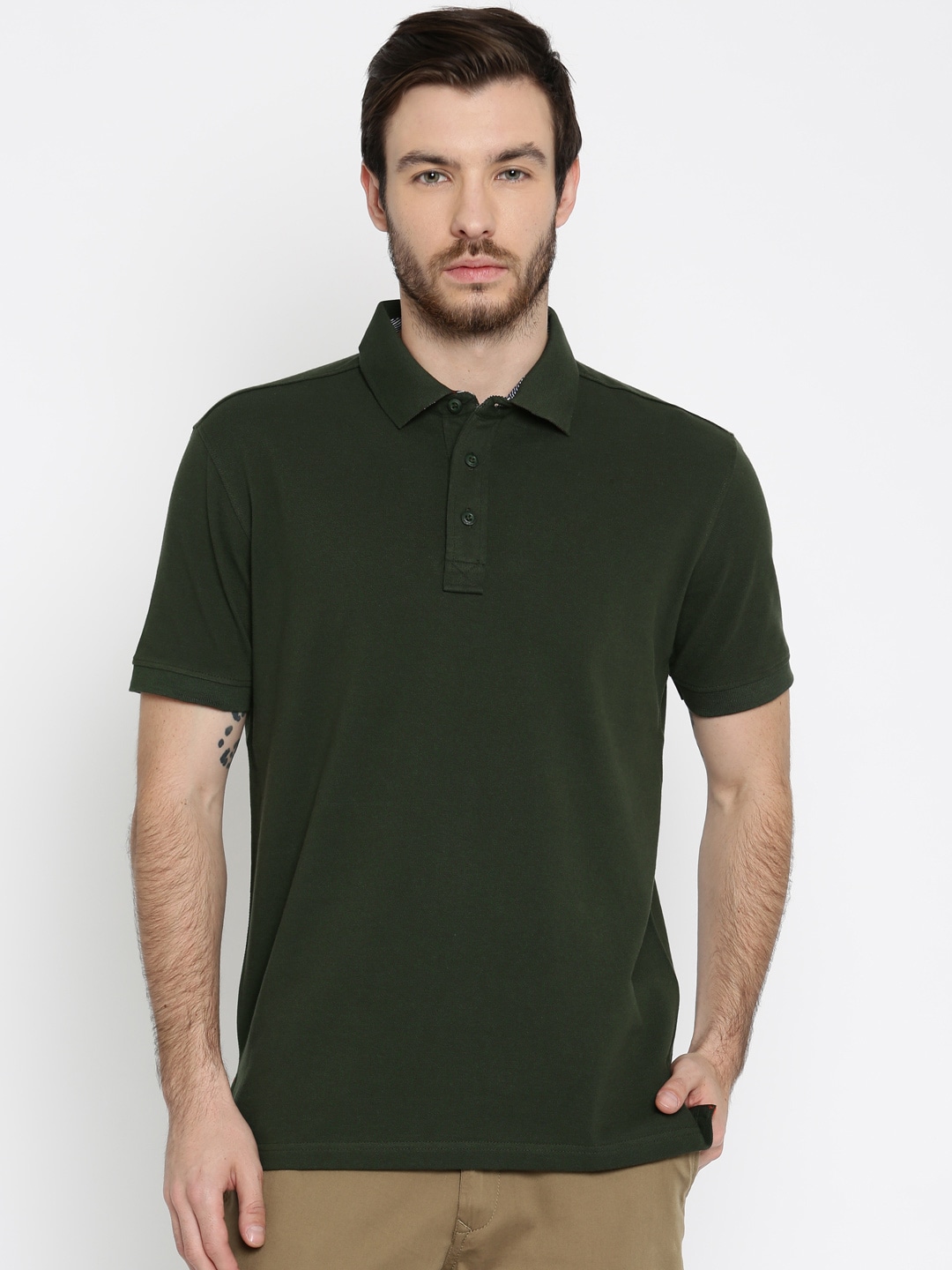 John Players Olive Green Solid Polo Collar T-shirt