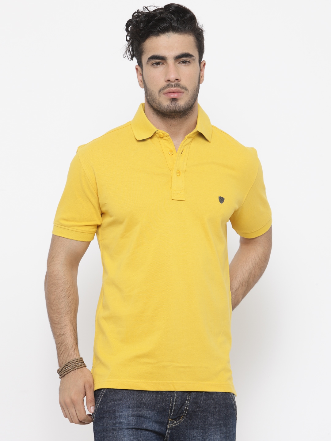 John Players Men Yellow Solid Polo Collar T-shirt