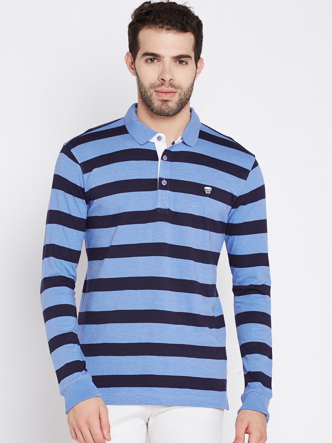 John Players Men Blue Striped Polo Collar T-shirt