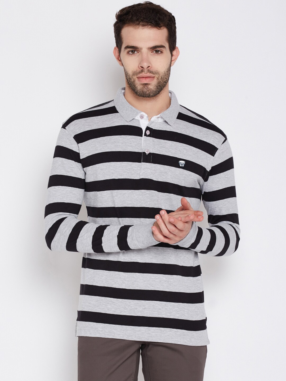 John Players Men Grey Melange  Black Slim Fit Striped Polo T-shirt