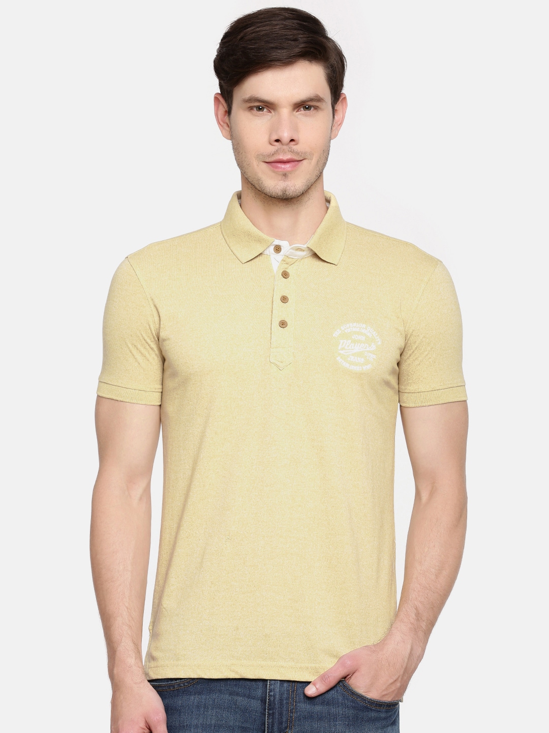 John Players Men Cream Solid Polo Collar T-shirt