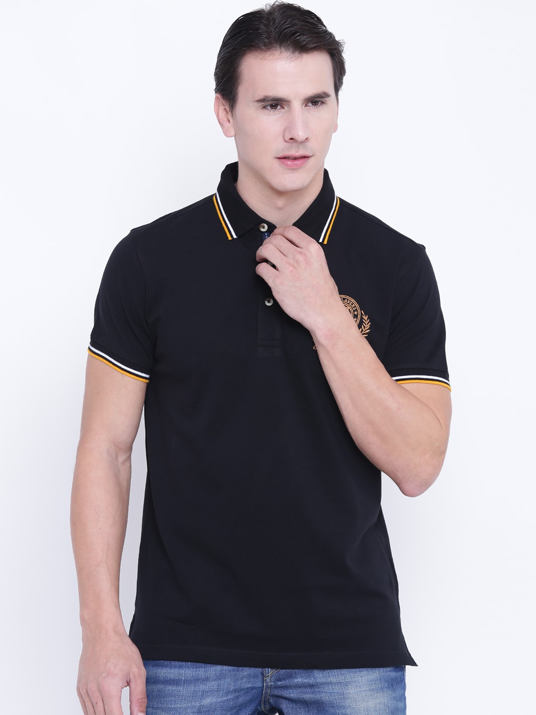 John Players Men Black Solid Polo Collar T-shirt