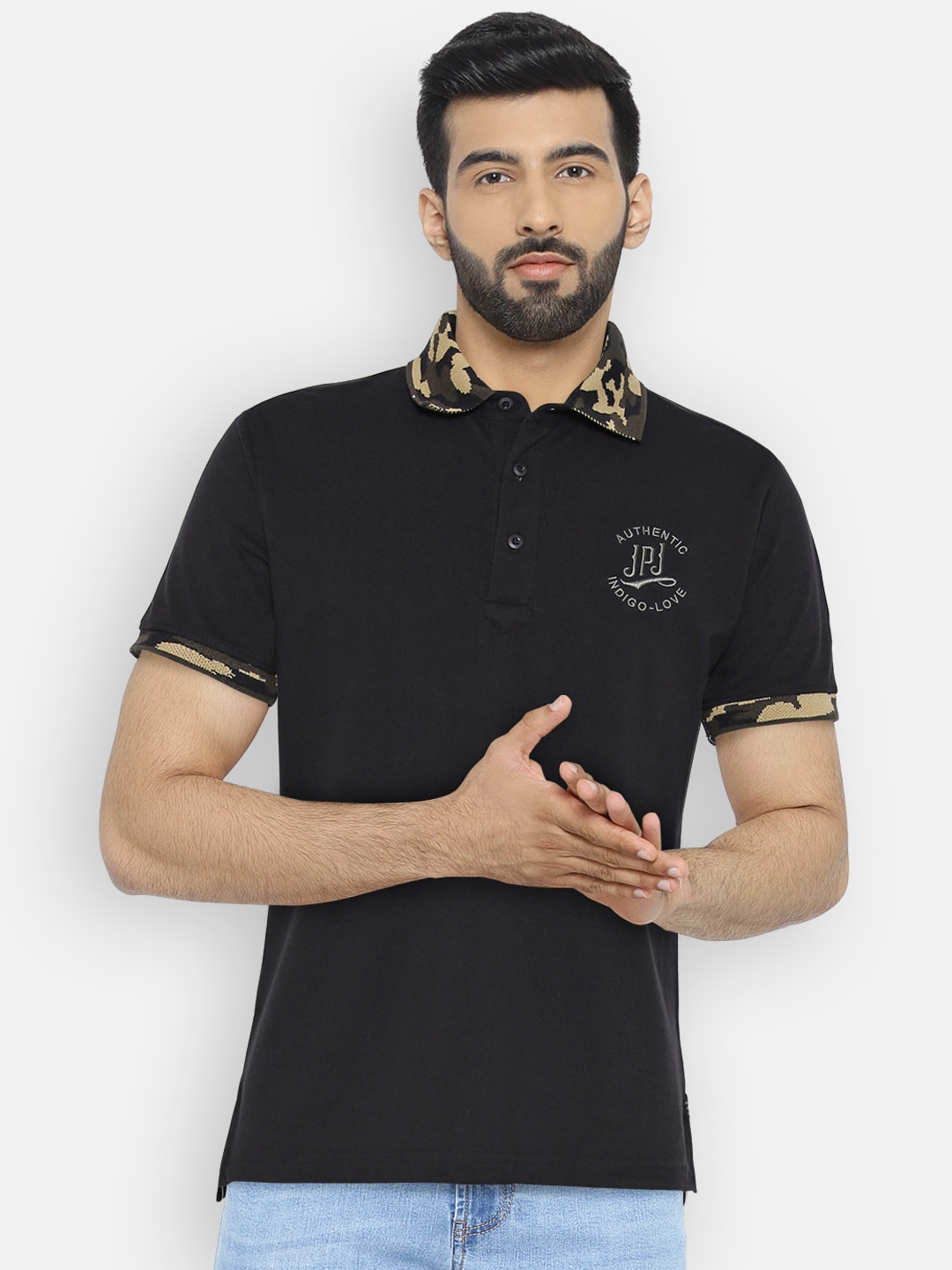 John Players Men Black Solid Polo Collar T-shirt