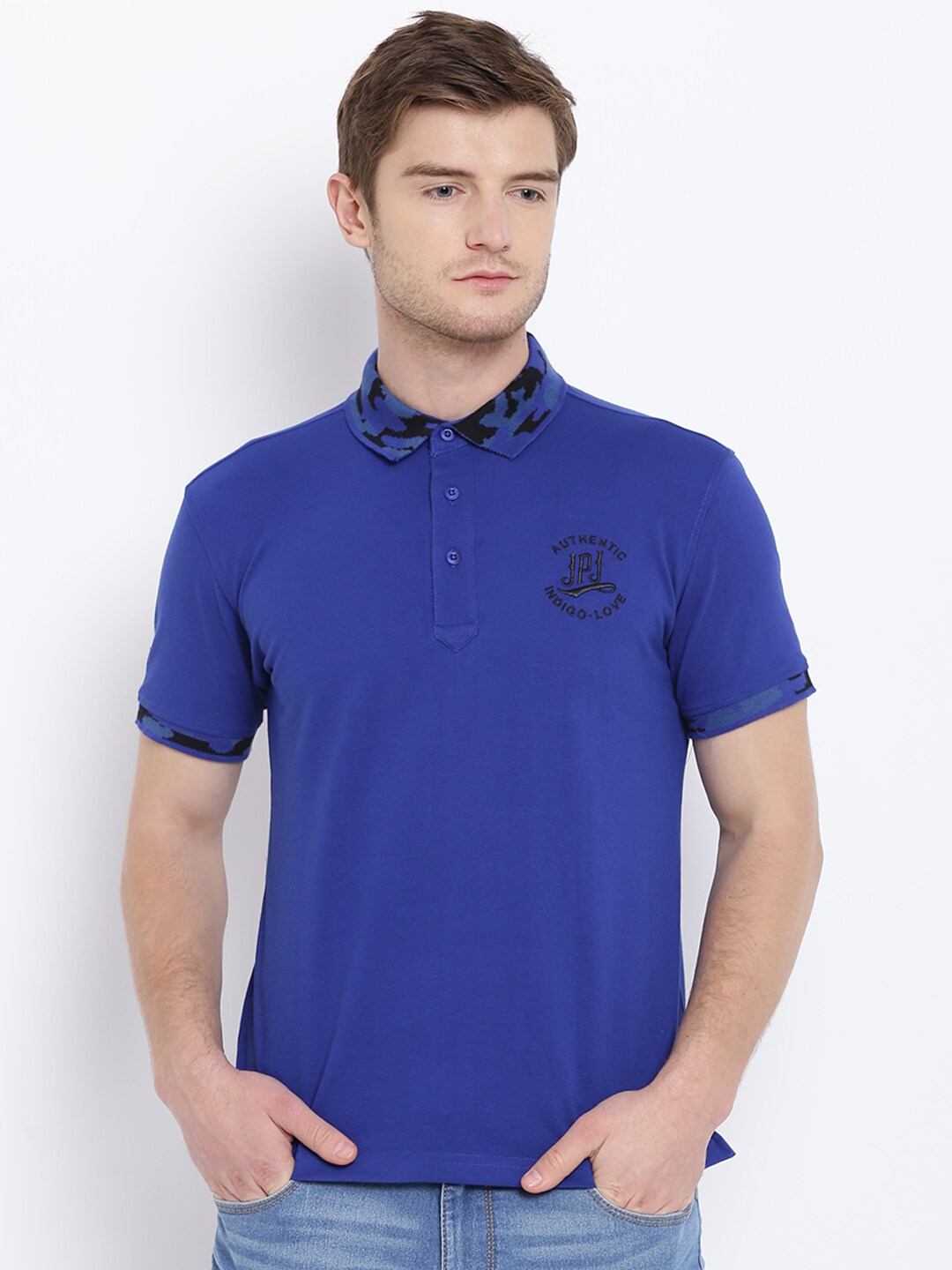 John Players Men Blue Solid Polo Collar T-shirt