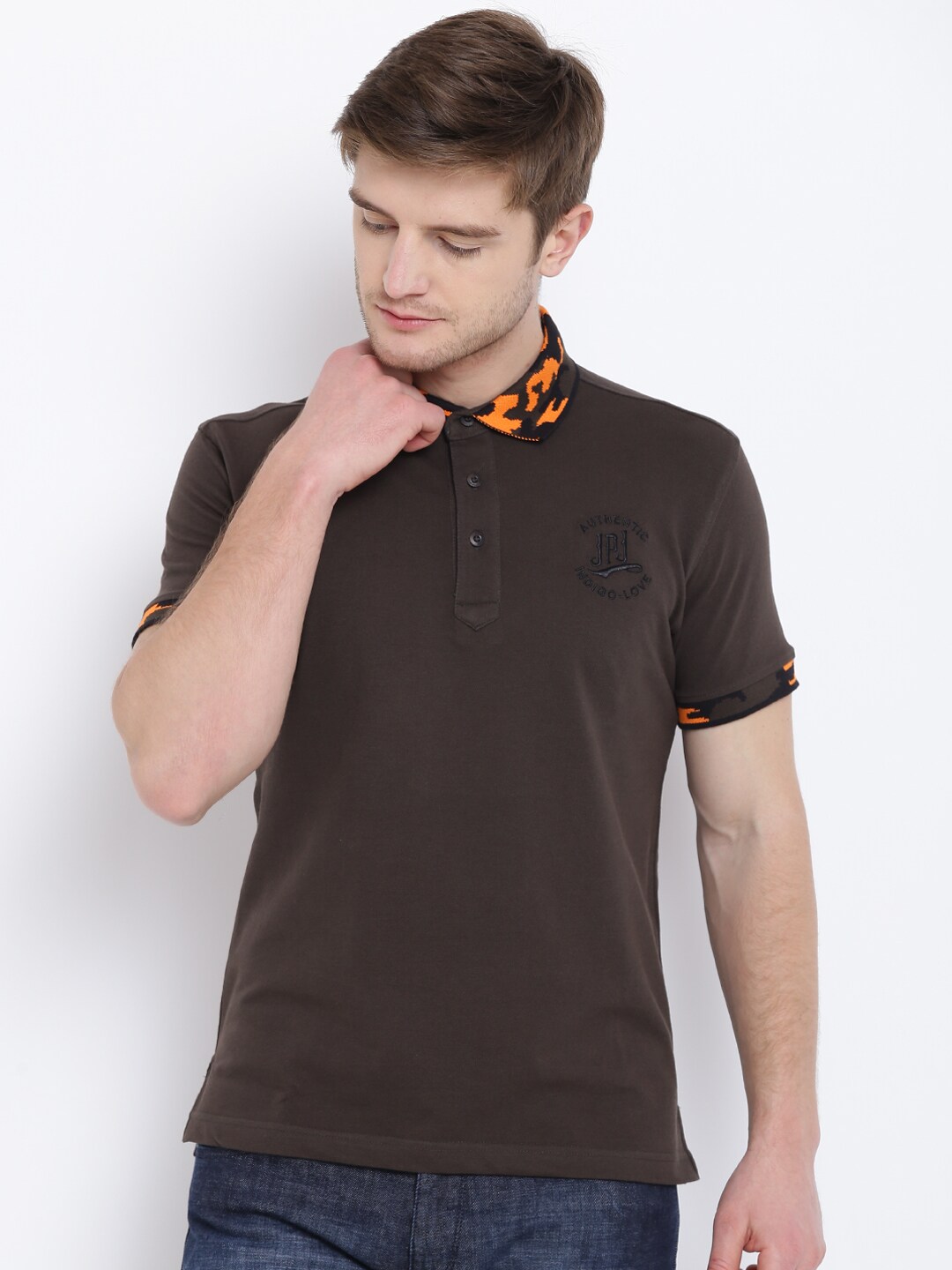 John Players Men Olive Brown Solid Polo Collar T-shirt