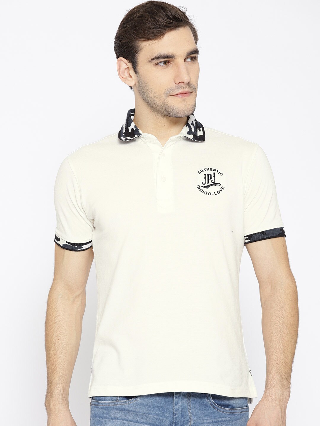 John Players Men White Solid Polo Collar T-shirt