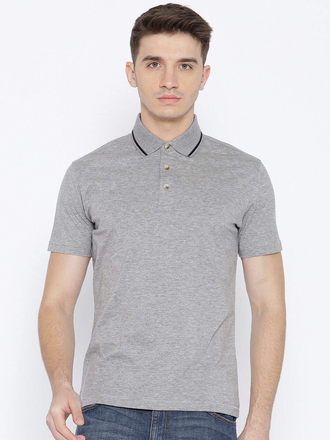 John Players Men Grey Melange Solid Polo Collar T-shirt