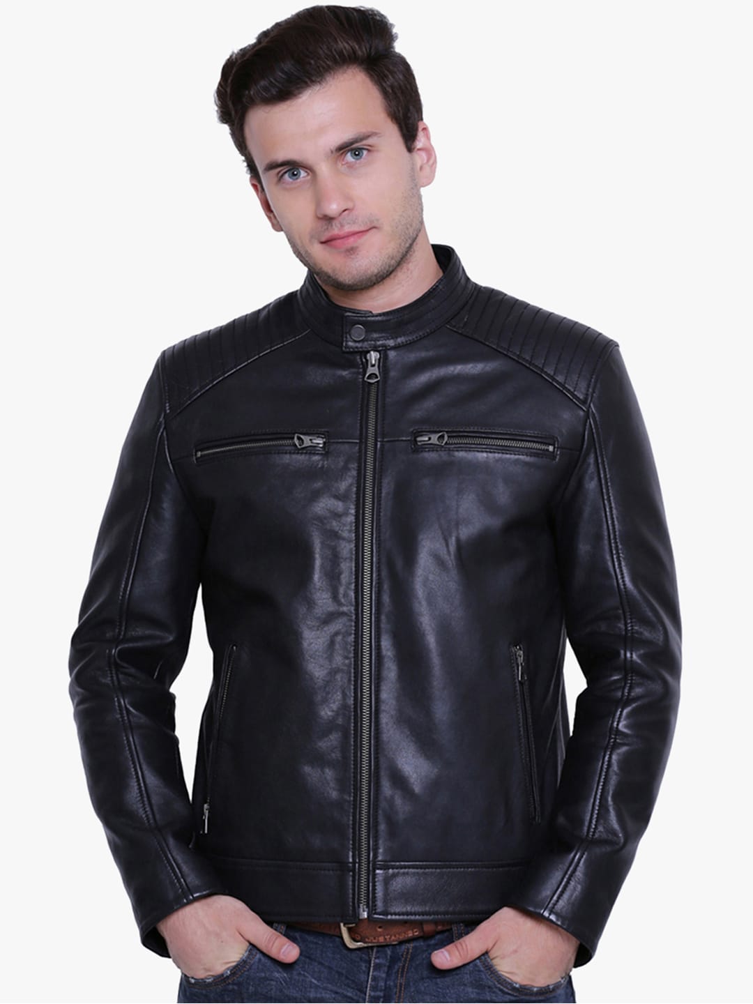 Justanned Men Black Solid Leather Jacket