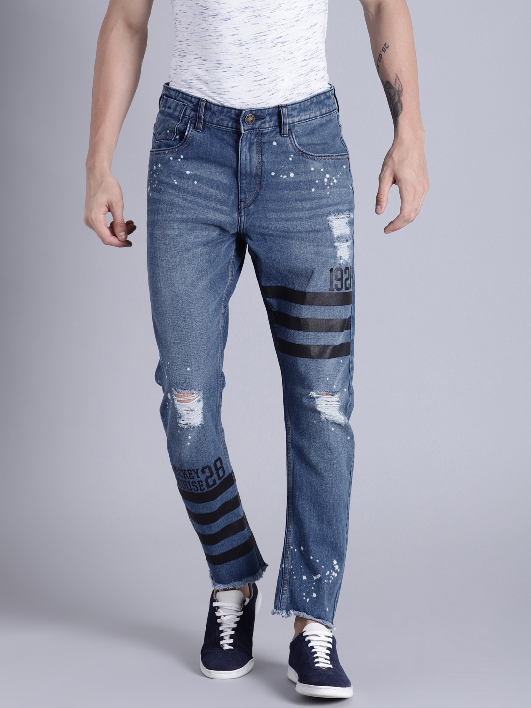 Kook N Keech Disney Men Blue Slim Fit Mid-Rise Highly Distressed Printed Jeans