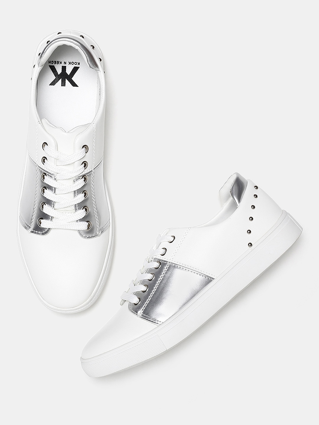 Kook N Keech Women White  Silver-Toned Colourblocked Sneakers