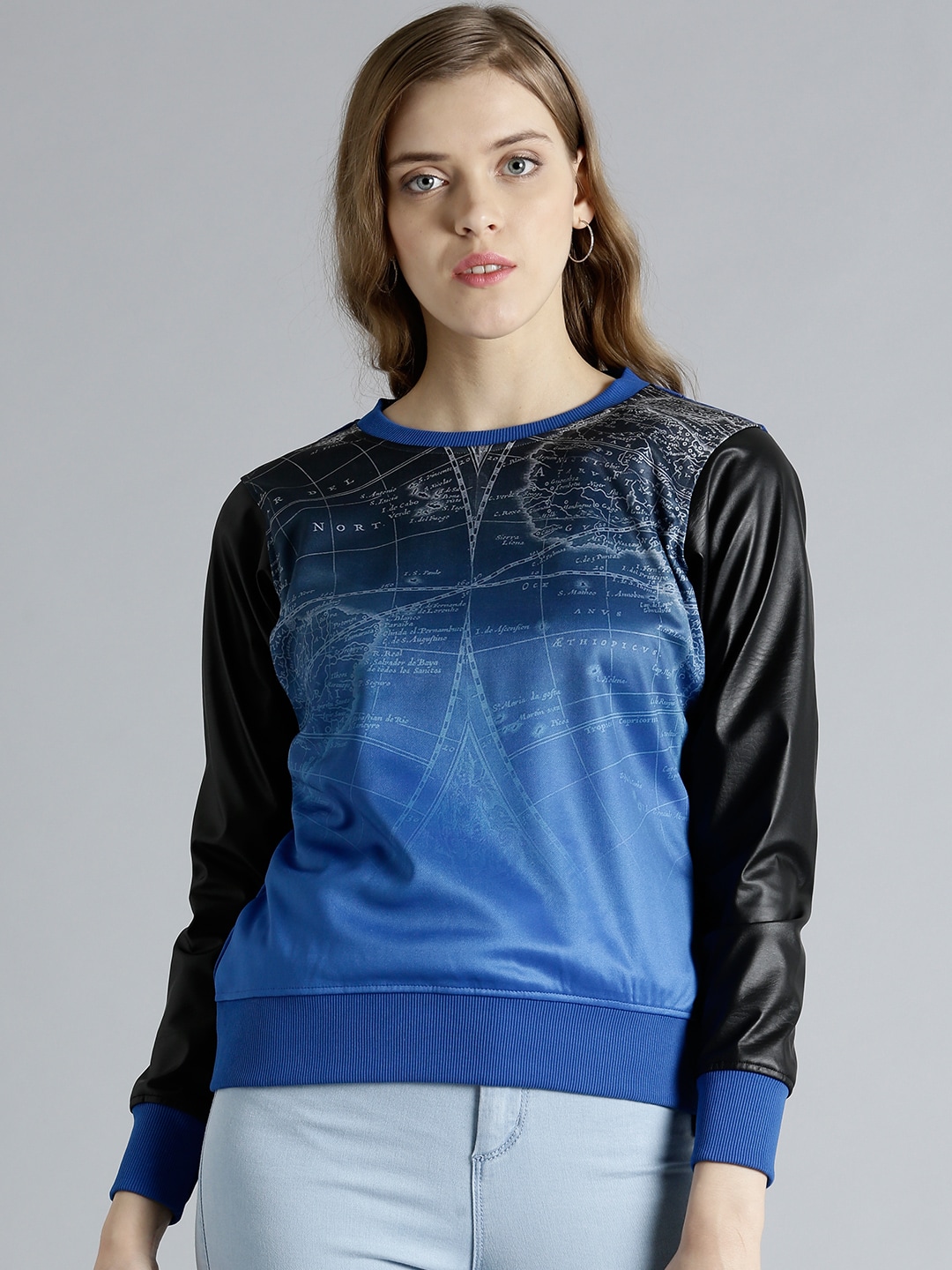 Kook N Keech Blue  Black Printed Colourblock Sweatshirt