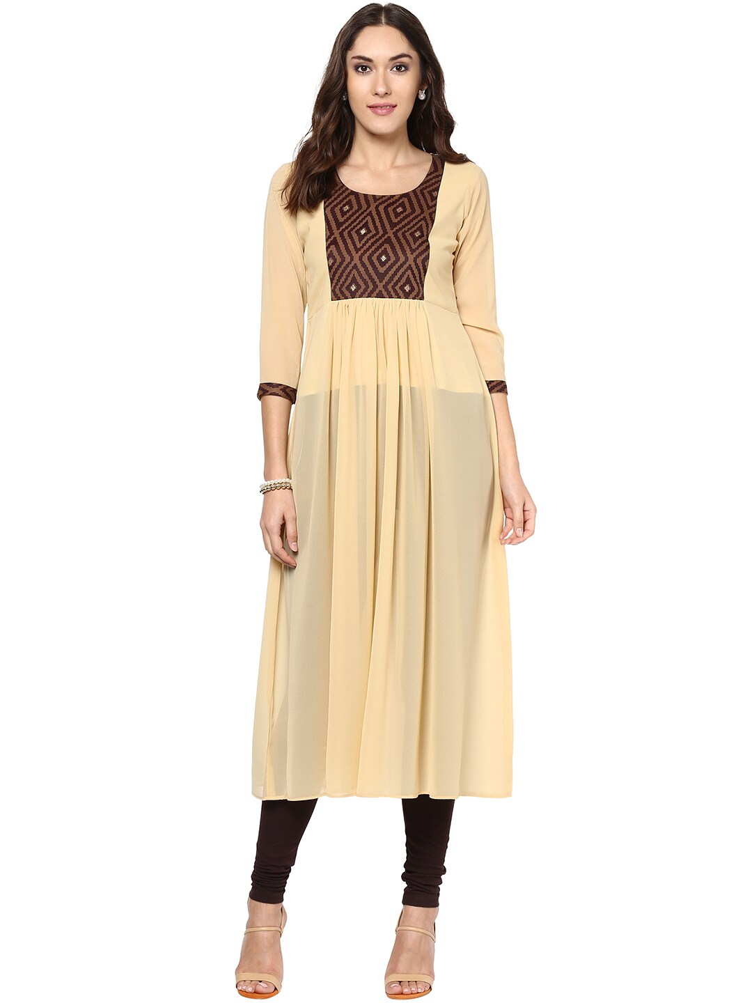 Libas Women Beige Georgette Woven Design Sheer Anarkali Kurta