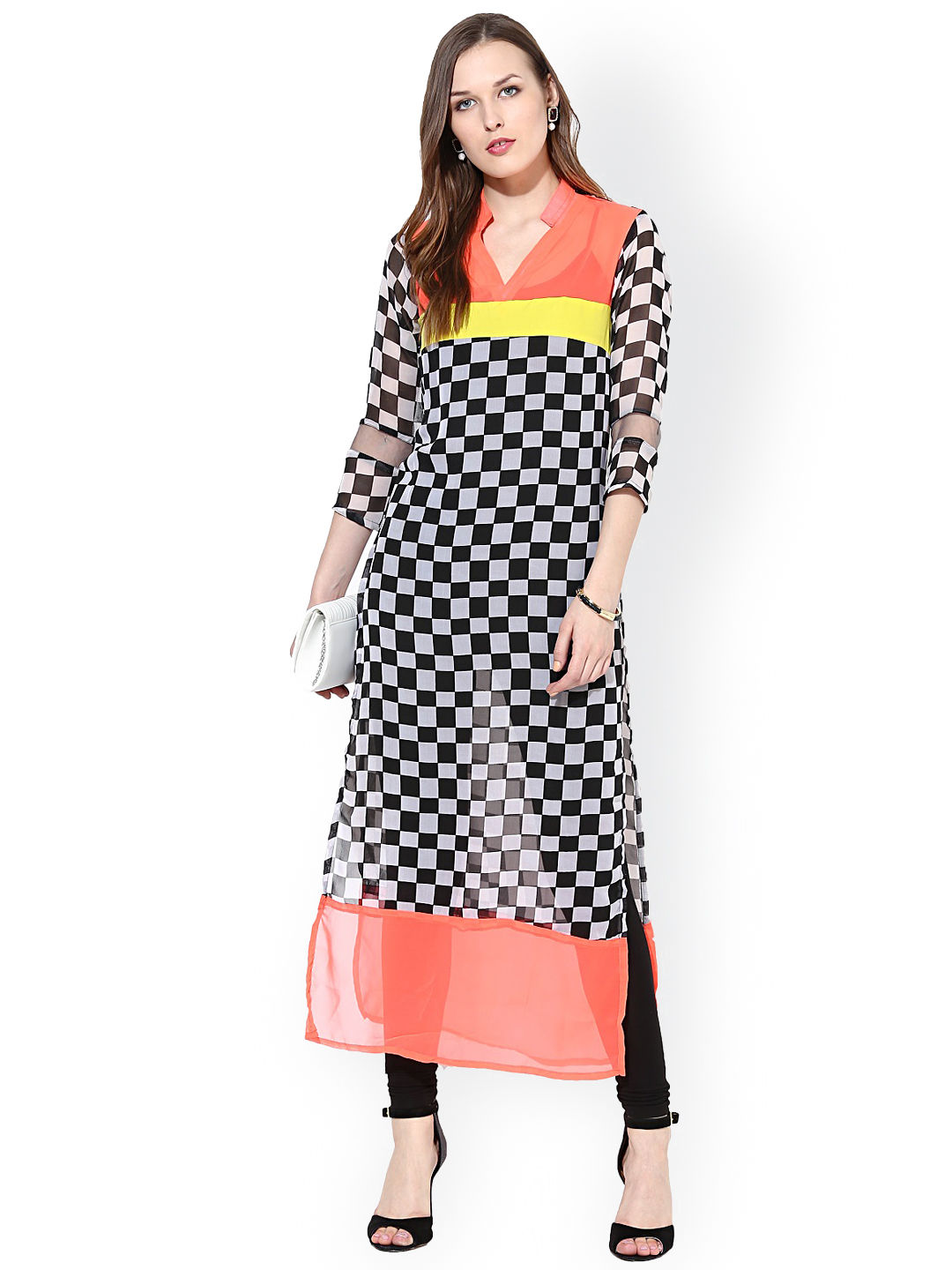 La Firangi Black White Checked Polyester Georgette Kurta