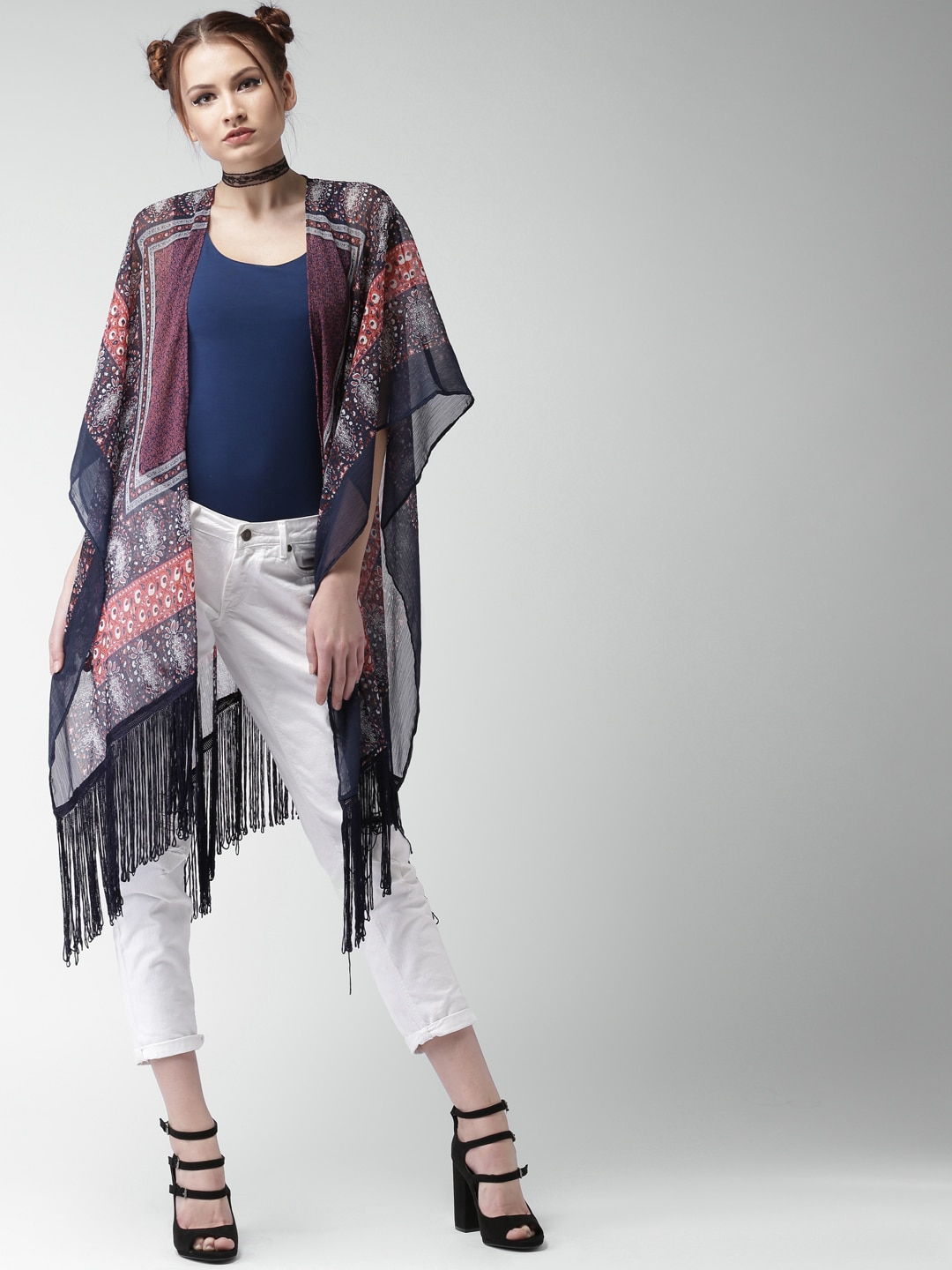 Love Genration Navy Blue Printed Open-Front Shrug with Fringes