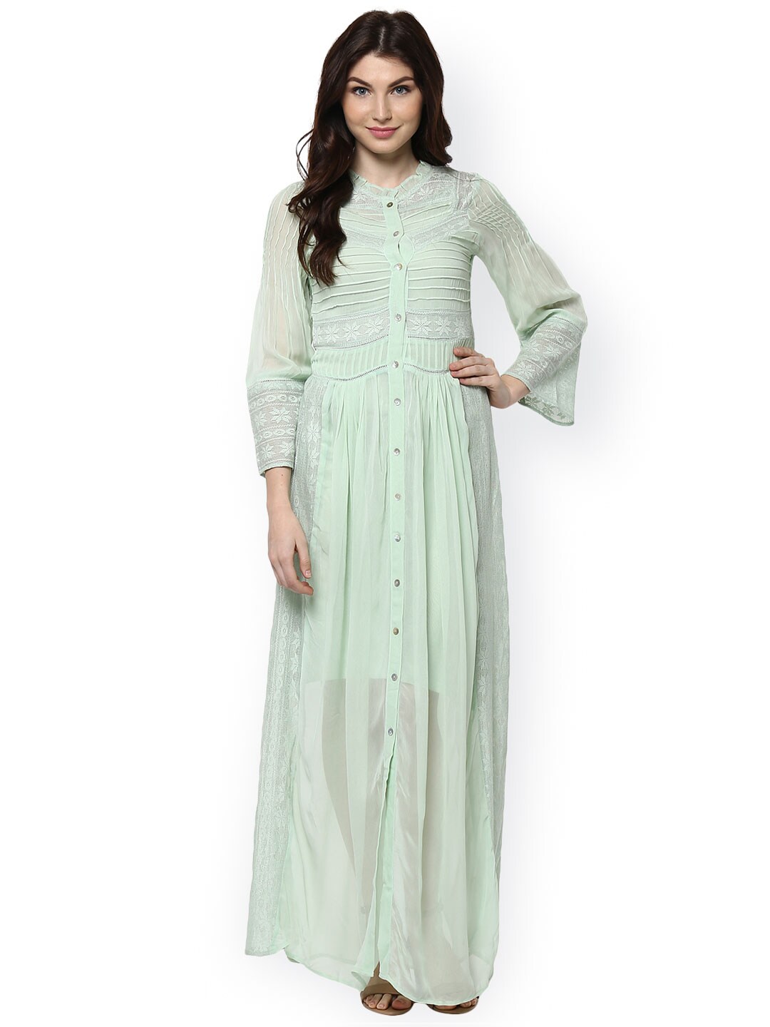 Label Ritu Kumar Women Green Solid Maxi Shirt Dress