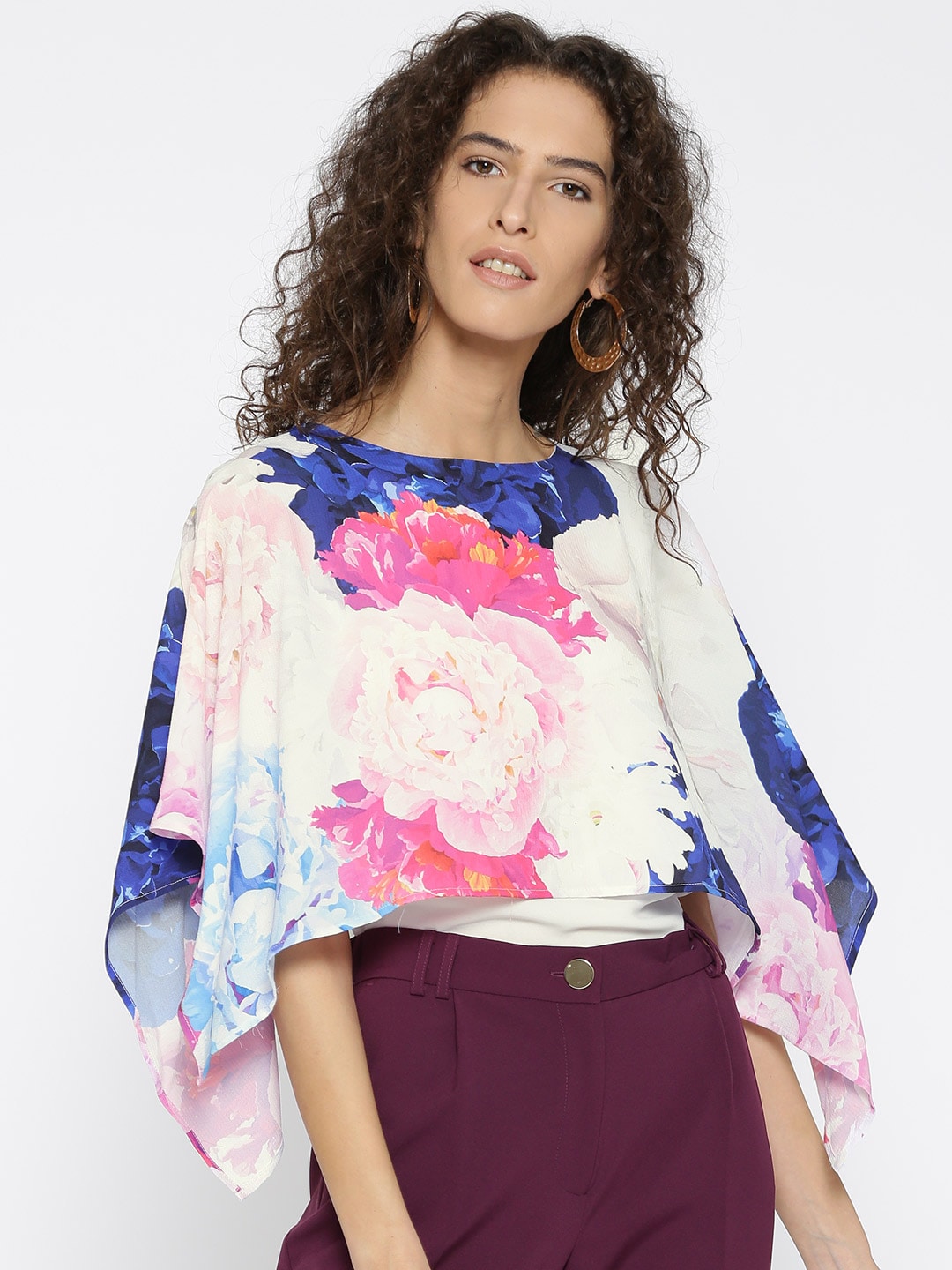 Madame Women Pink  White Printed Layered Cape Top