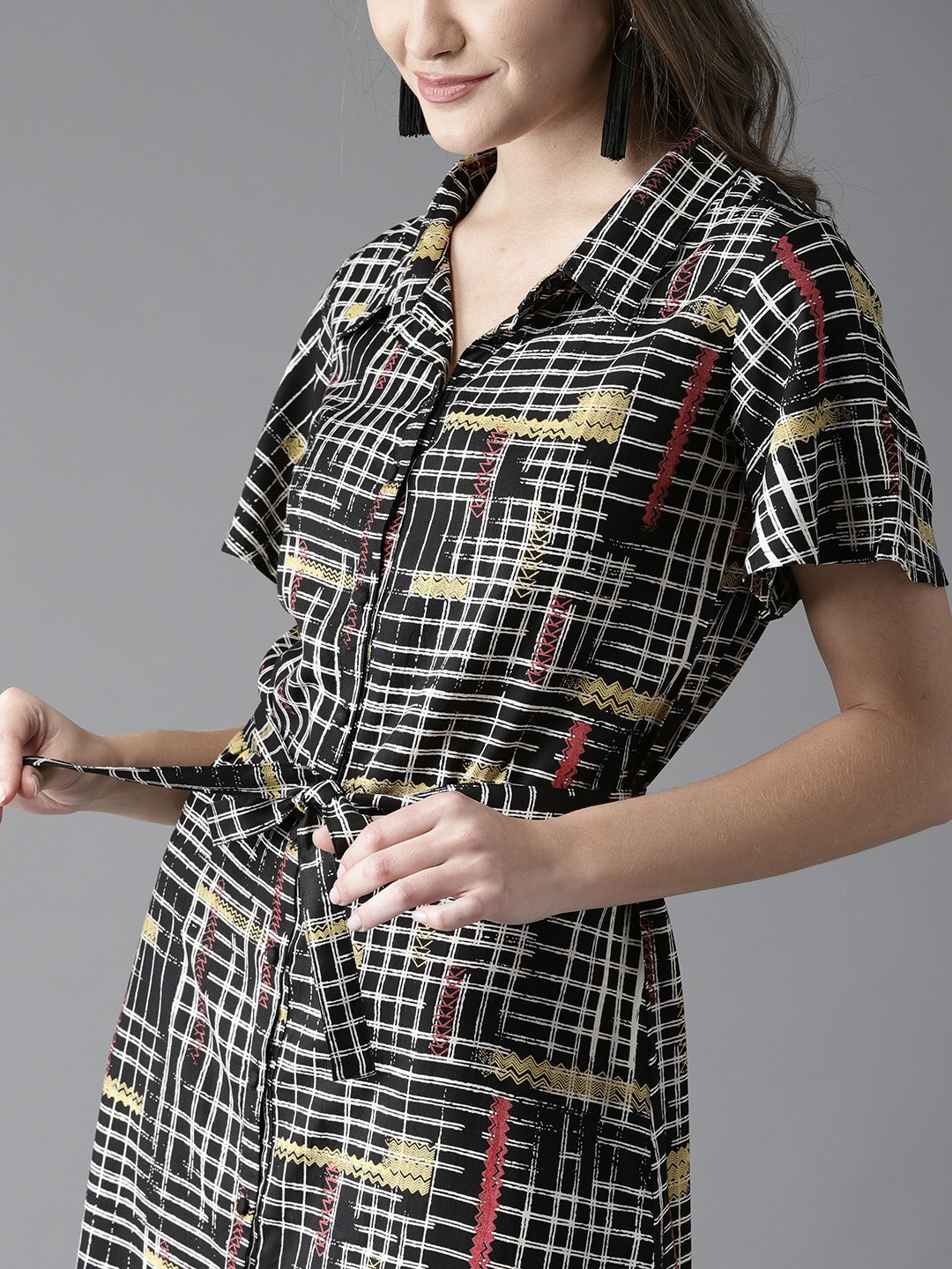 Moda Rapido Women Black Checked Midi Shirt Dress