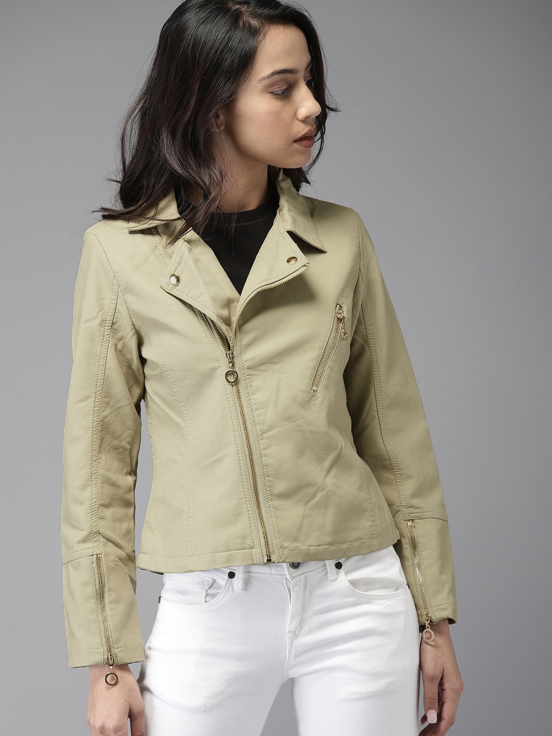 Moda Rapido Women Beige Solid Biker Jacket