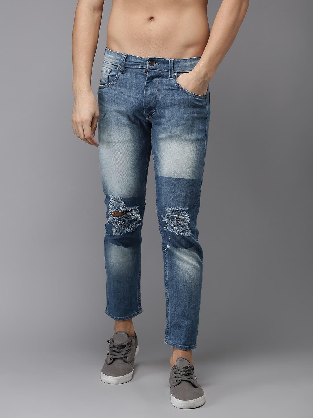 Moda Rapido Men Blue Slim Fit Low-Rise Cropped Slash Knee Stretchable Jeans