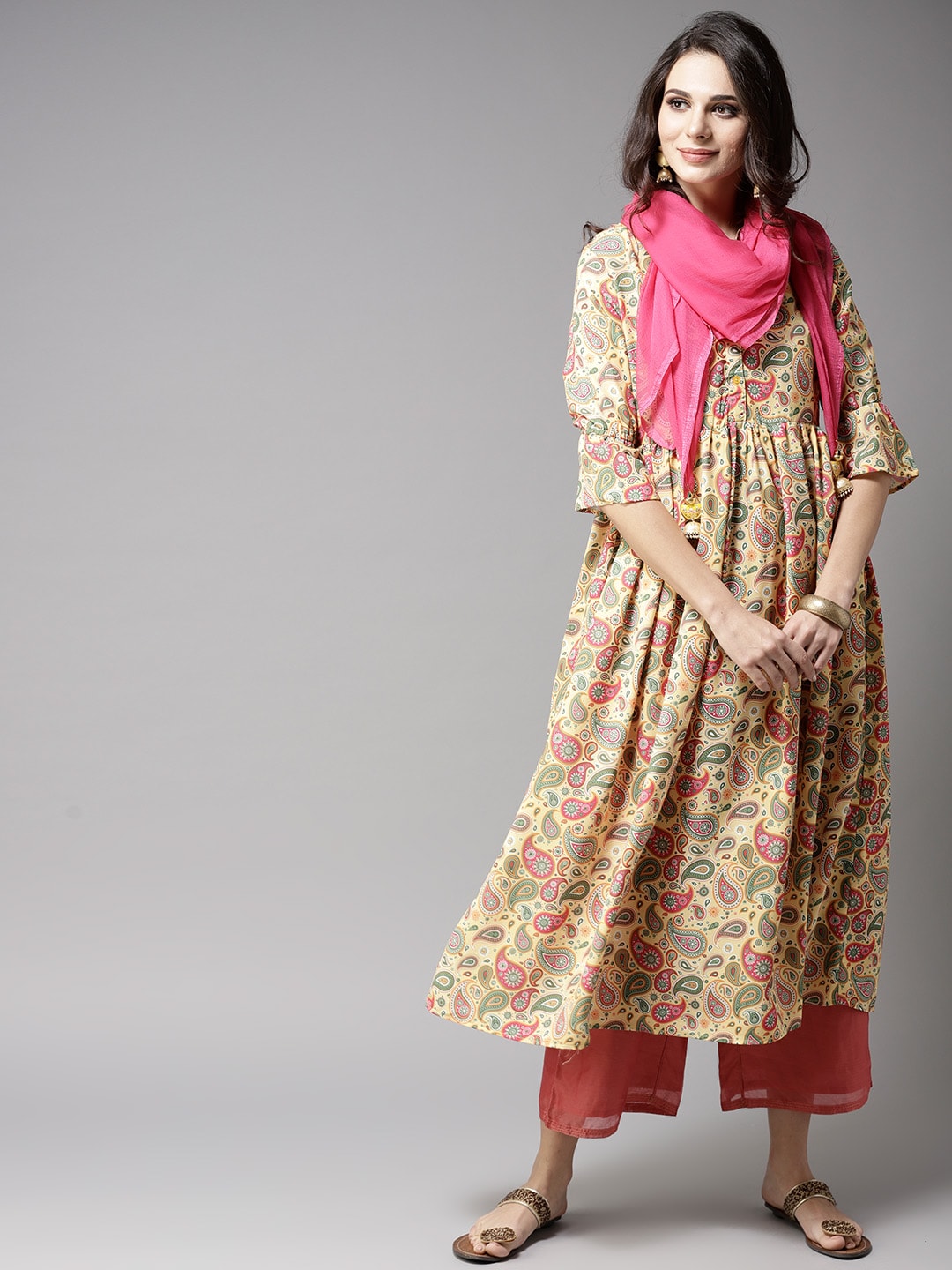 Moda Rapido Women Yellow  Green Printed A-Line Kurta