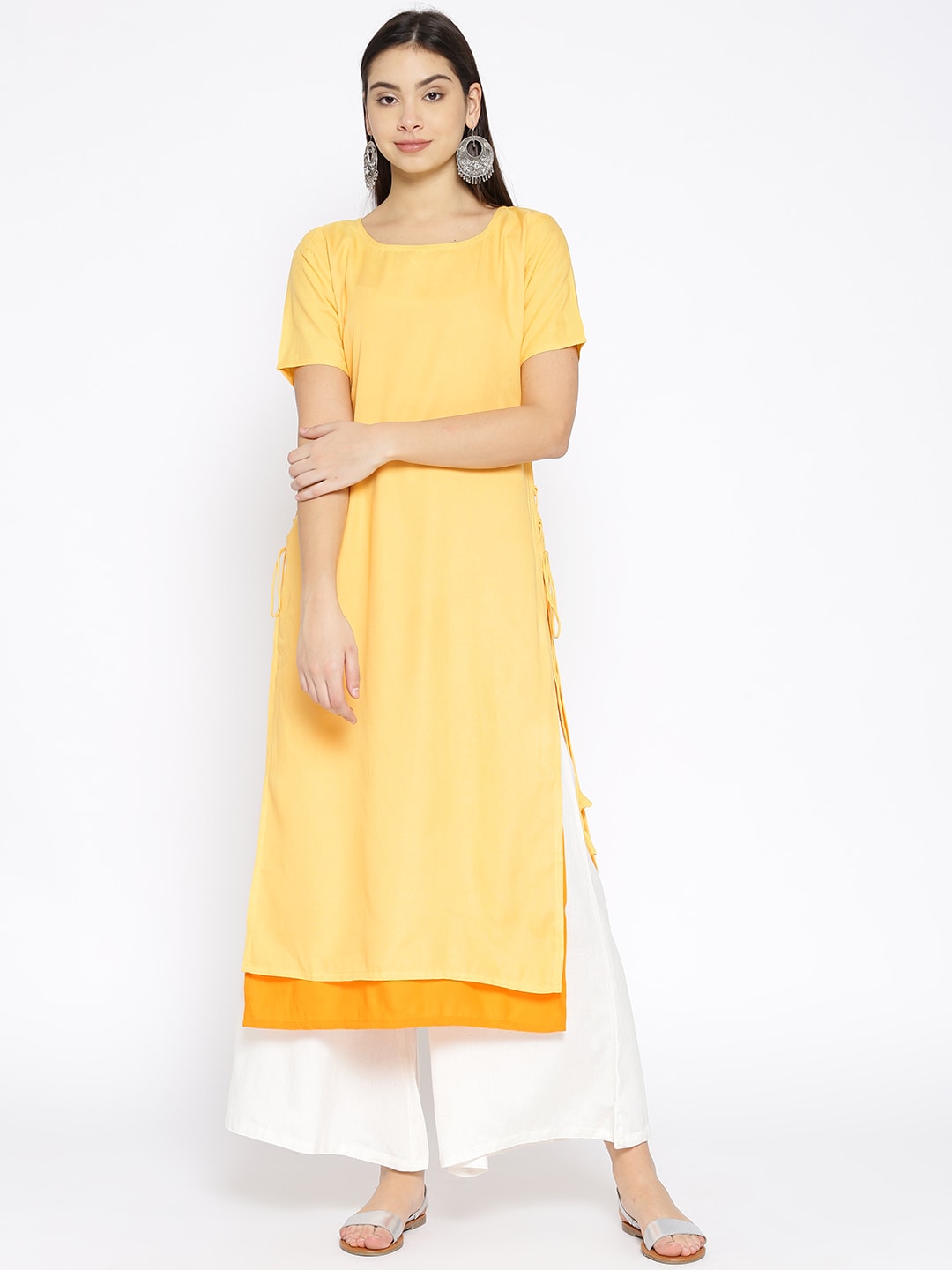 Moda Rapido Women Yellow  Orange Solid Layered Straight Kurta