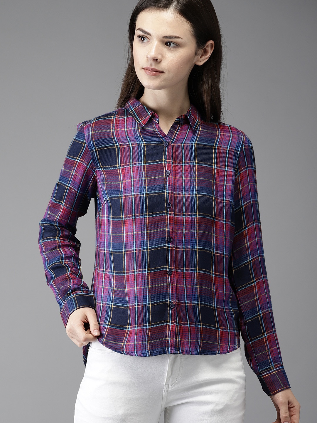 Moda Rapido Women Blue  Red Regular Fit Checked Casual Shirt