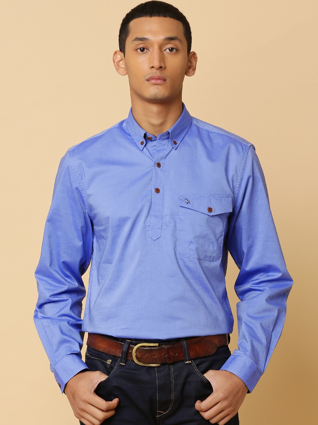 Mr Bowerbird Men Blue Tailored Fit Fine Filla Fill Pullover Shirt