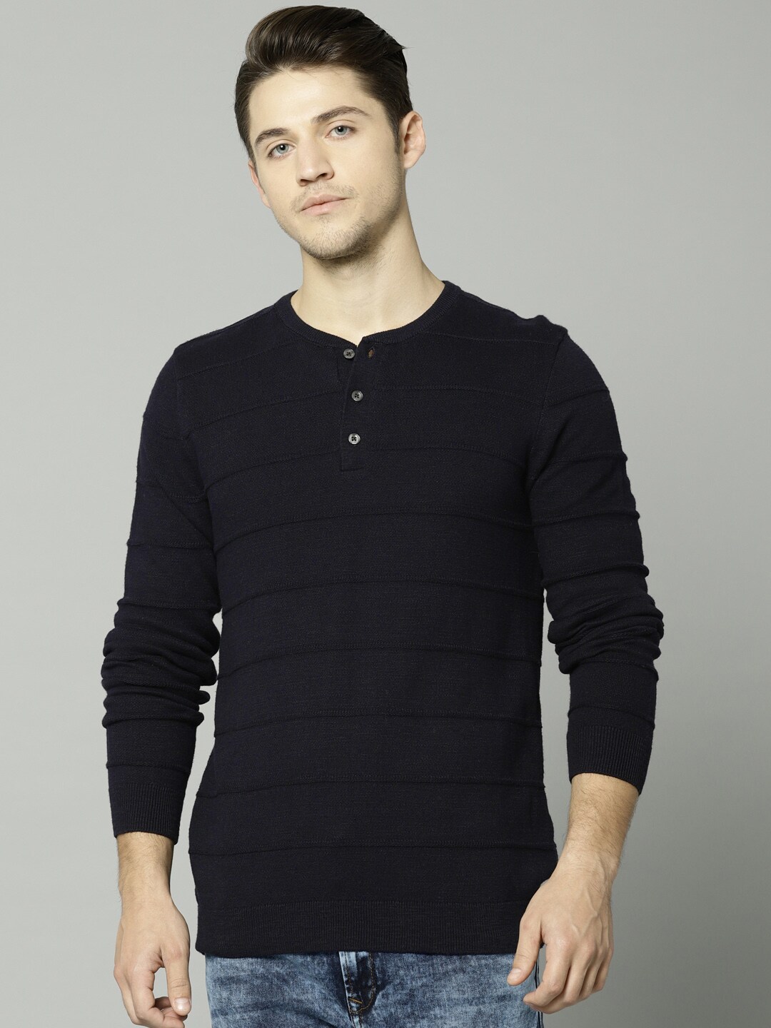 Marks  Spencer Men Navy Blue Solid Pullover Sweater