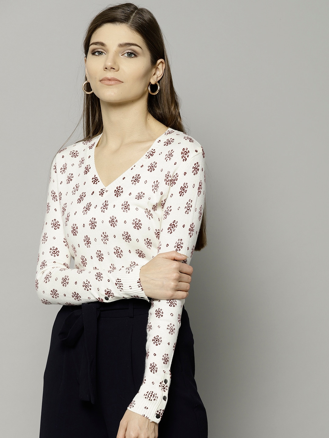 Marks  Spencer Women Off-White  Burgundy Printed Pullover