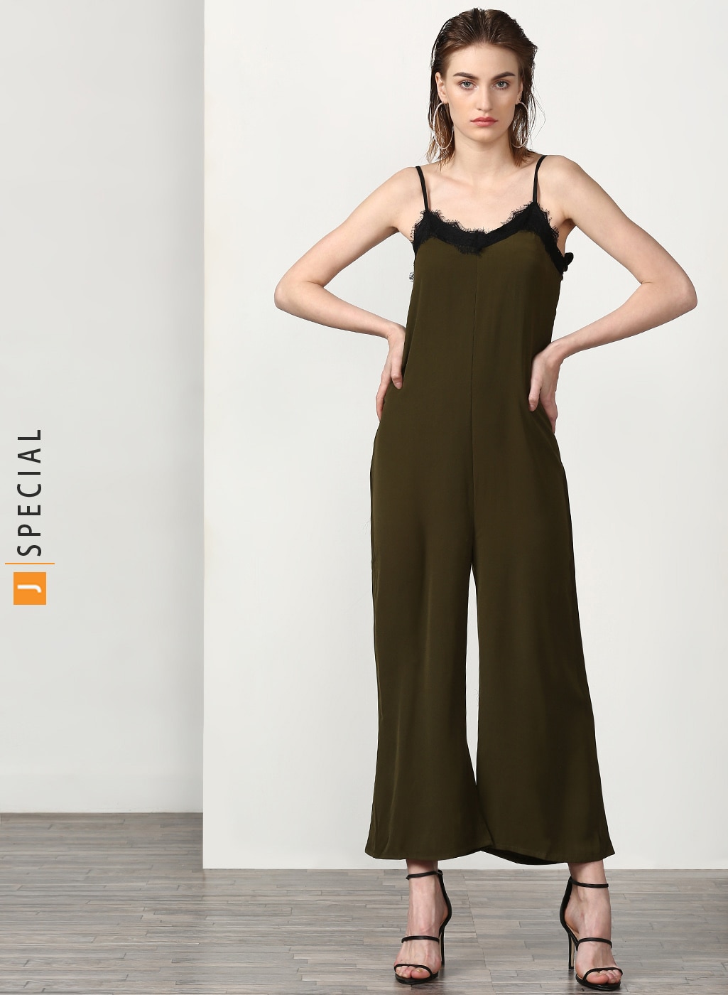 Miss Bennett Olive Solid Basic Jumpsuit