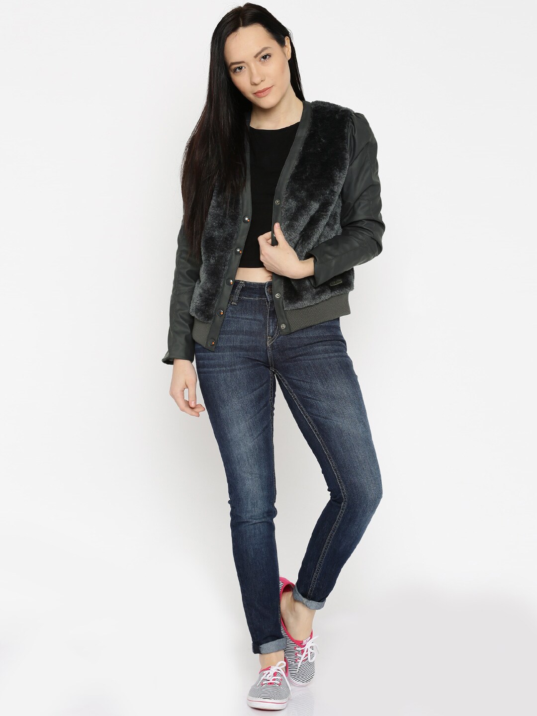 Mast  Harbour Women Charcoal Grey Faux Fur Bomber Jacket