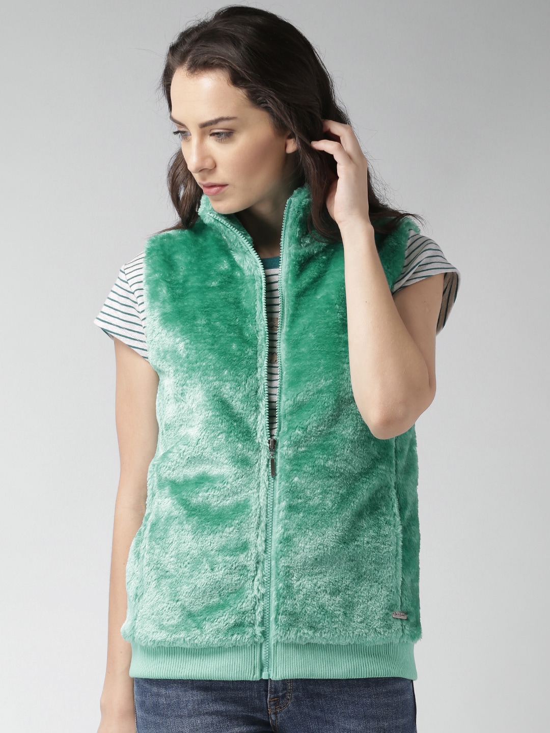 Mast  Harbour Sea Green Faux-Fur Sleeveless Jacket