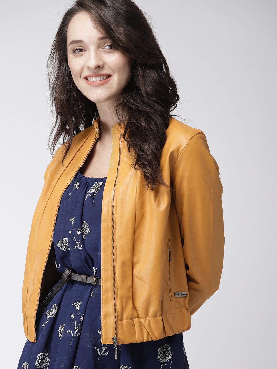 Mast  Harbour Women Mustard Yellow Solid Biker Jacket