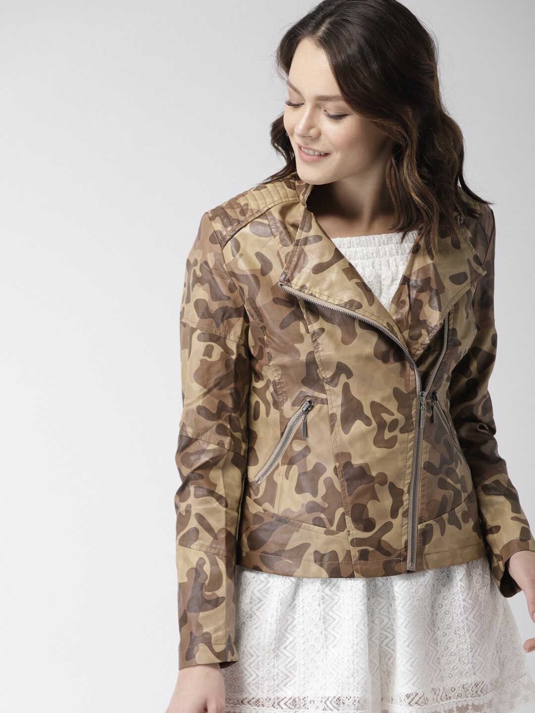 Mast  Harbour Women Brown  Beige Camouflage Printed Biker Jacket