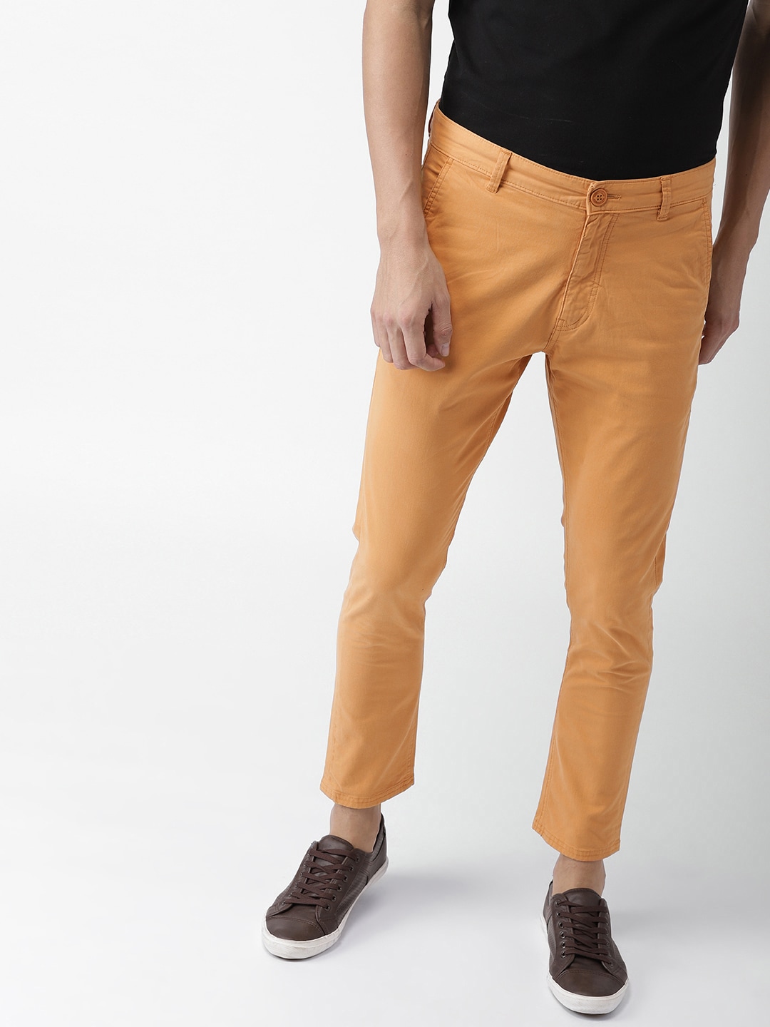 Mast  Harbour Men Mustard Yellow Slim Fit Solid Cropped Chinos