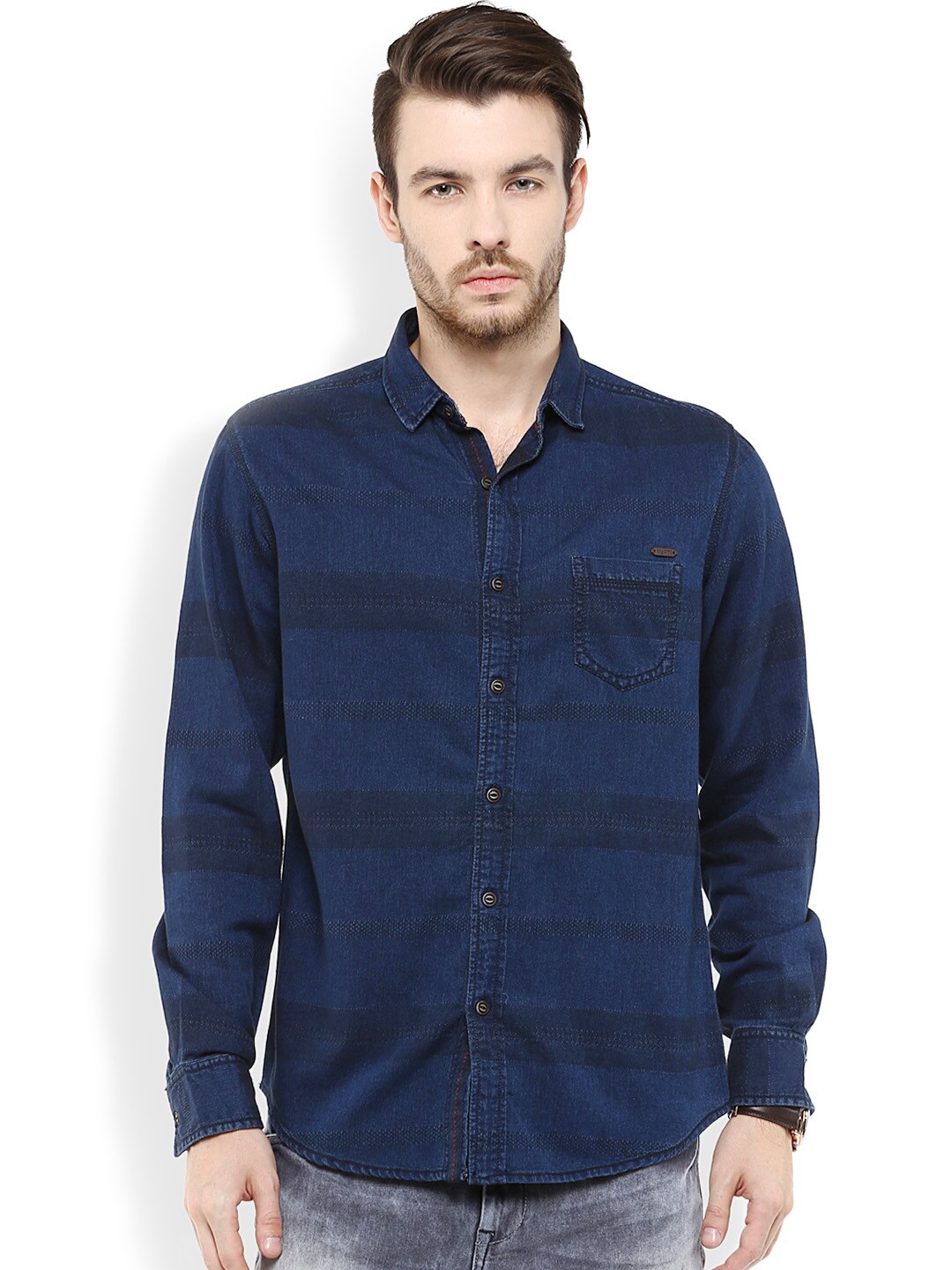 Mufti Navy Blue Self-Design Denim Slim Fit Casual Shirt