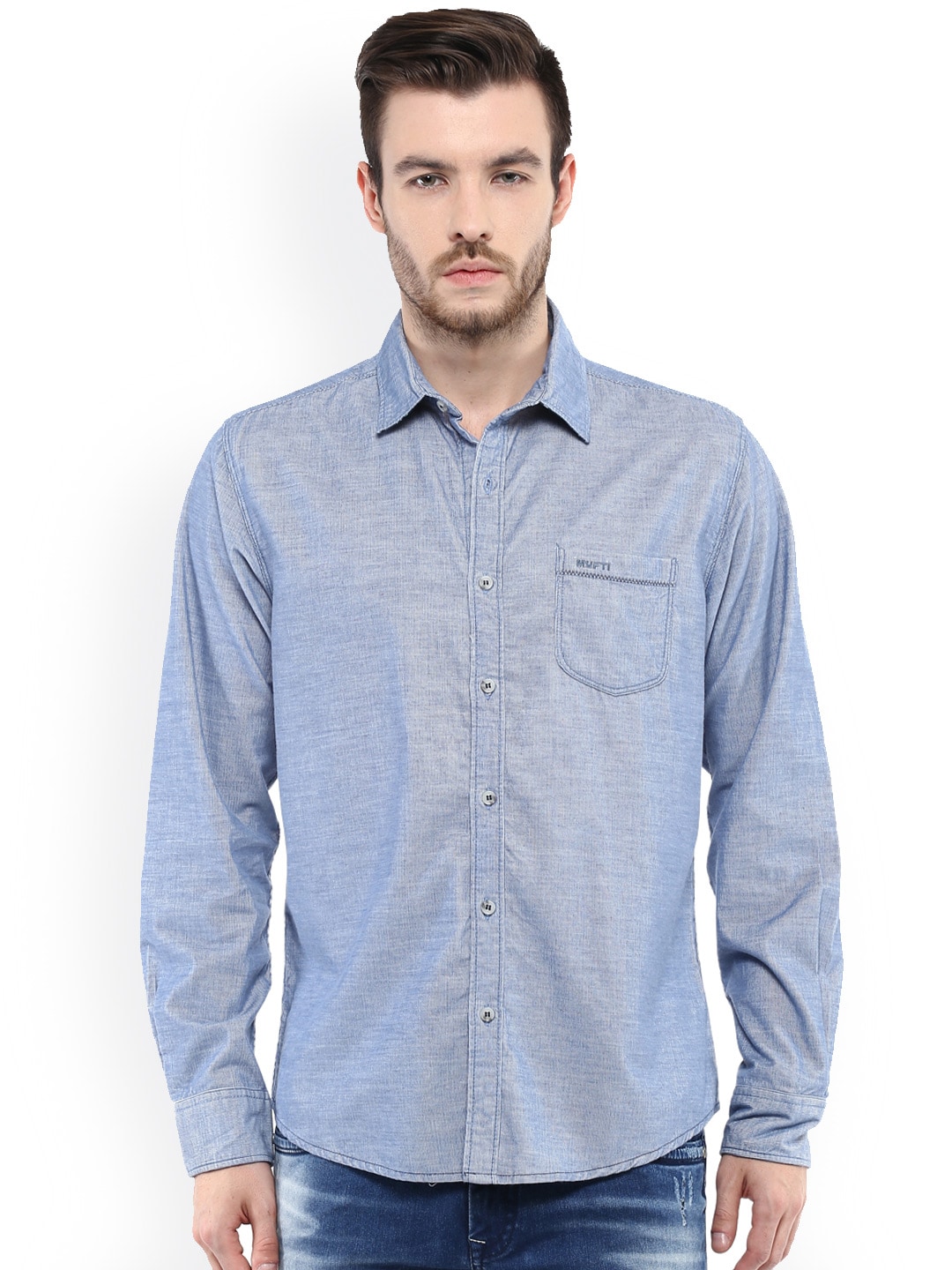 Mufti Men Blue Slim Fit Self-Design Casual Shirt