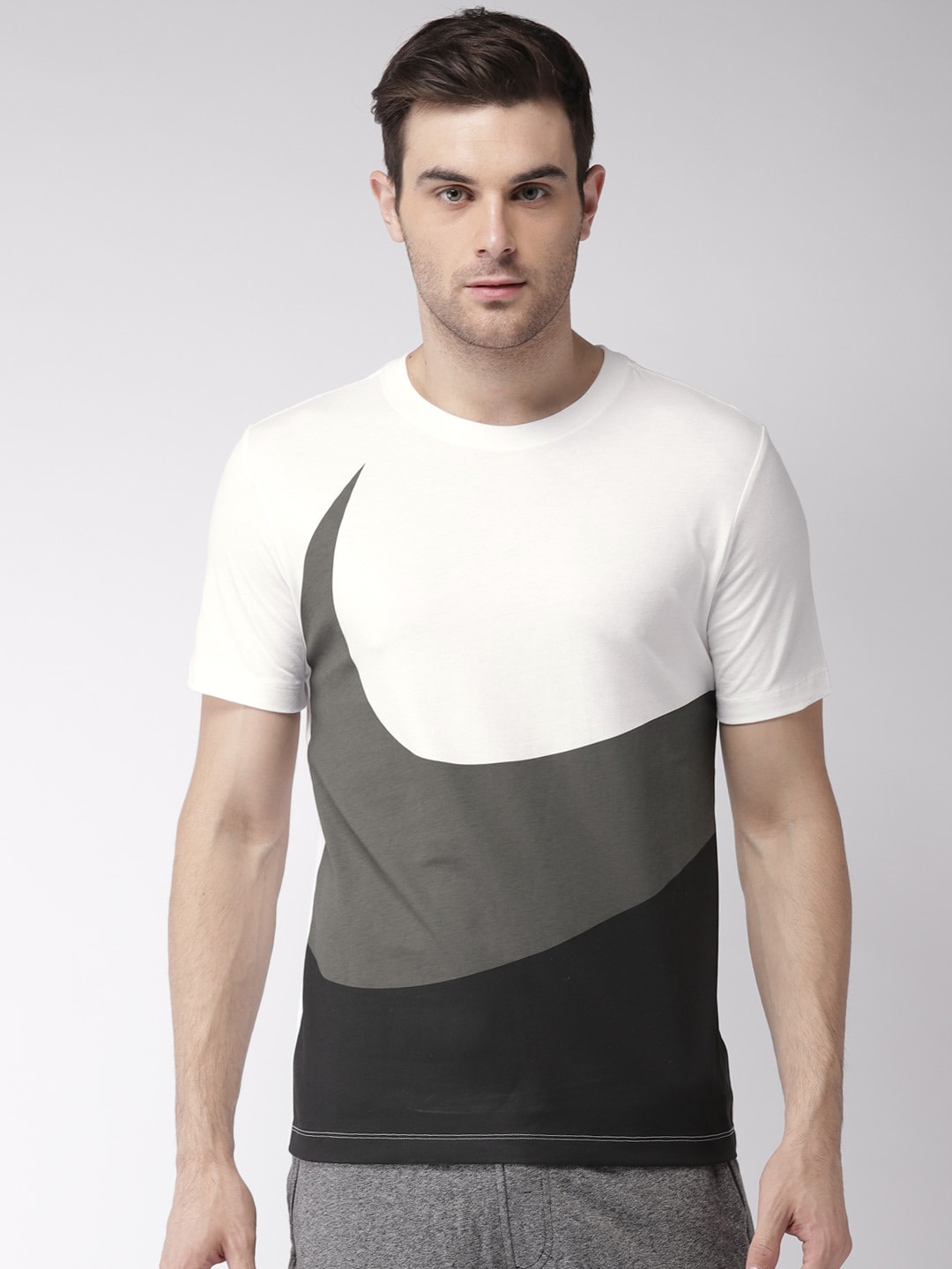 Nike Men White  Grey HBR SWOOSH 1 Colourblocked T-shirt