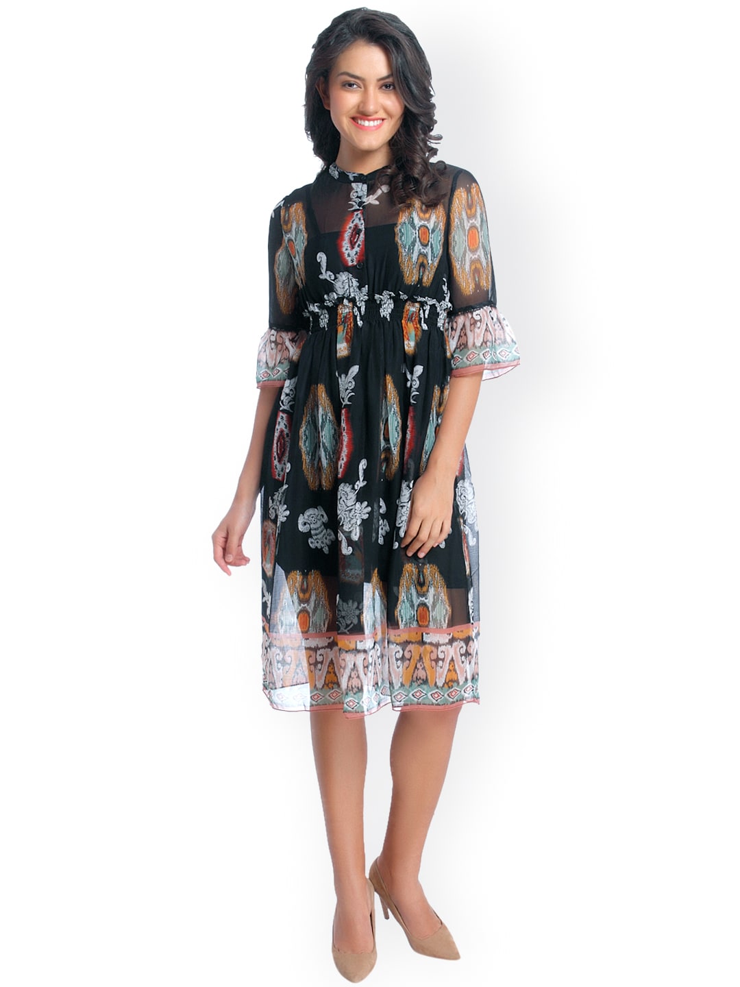 ONLY Women Black Printed Empire-Line Dress