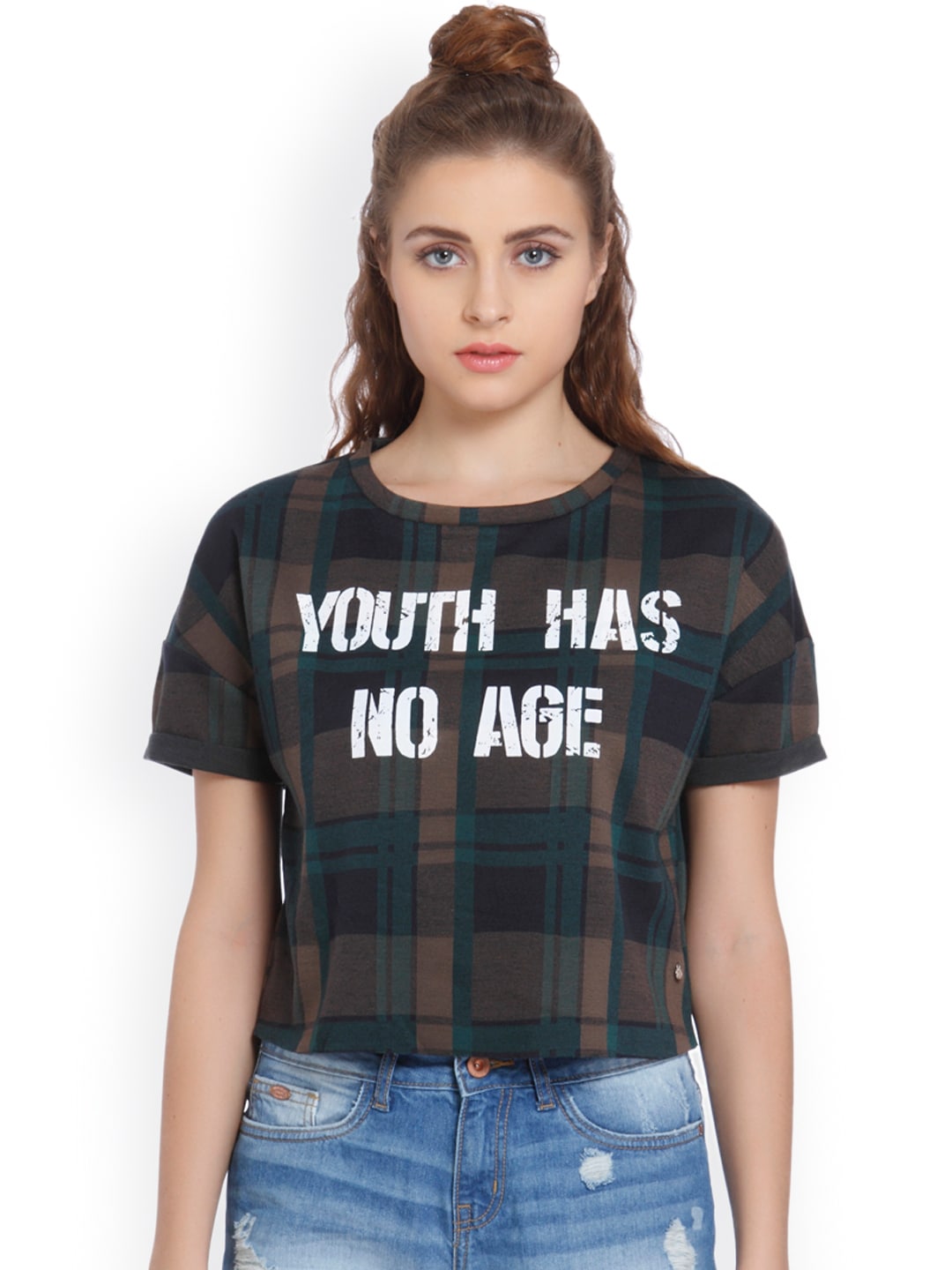 ONLY Women Black  Green Checked Boxy Top