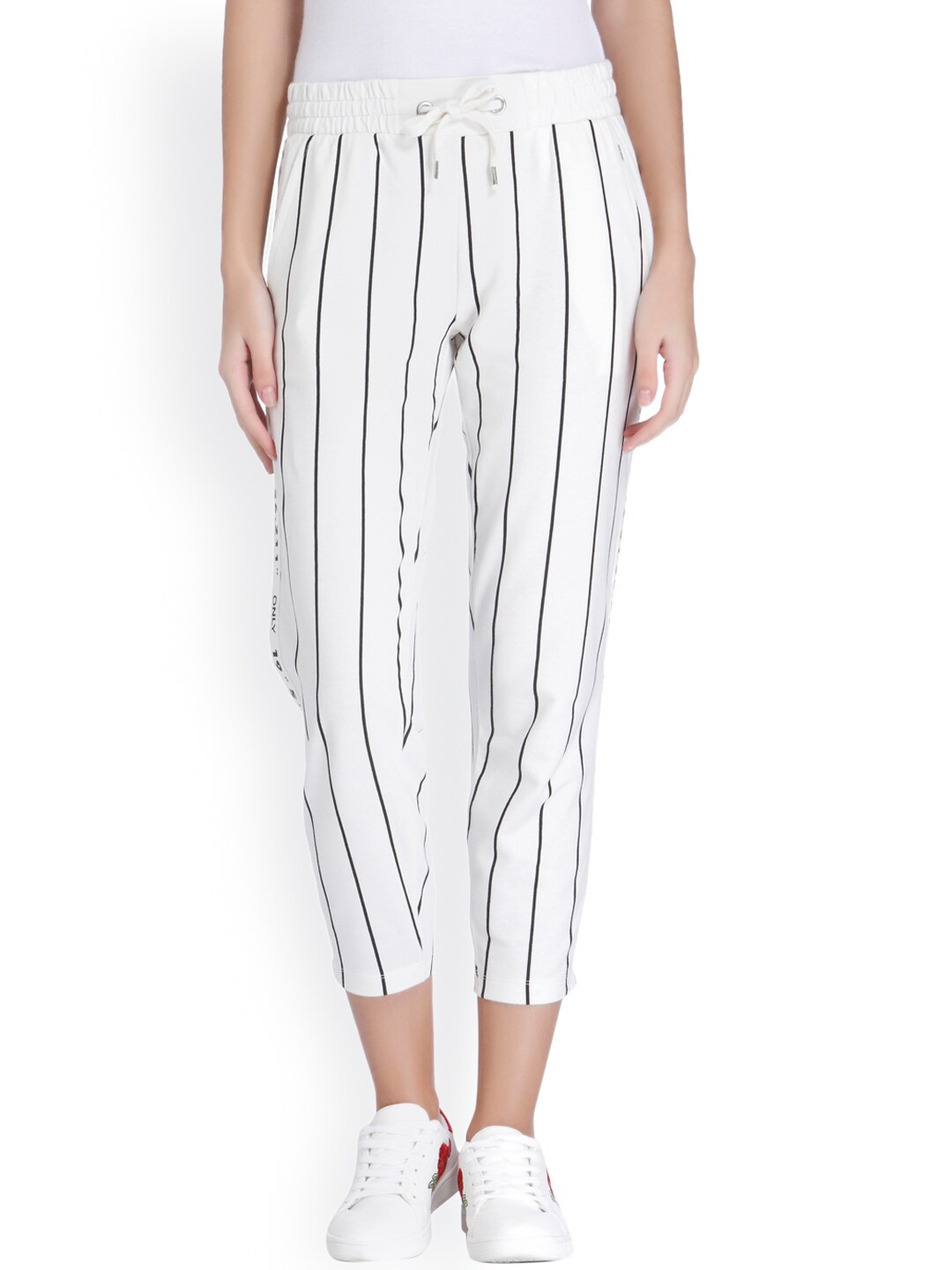 ONLY Women White  Black Regular Fit Striped Cropped Regular Trousers