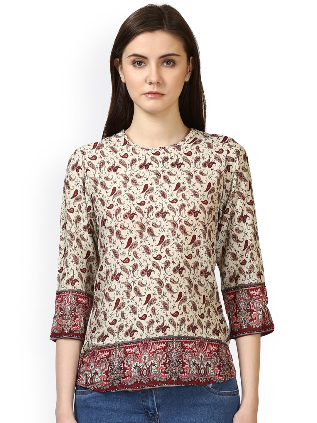 Park Avenue Women Beige  Maroon Printed Top