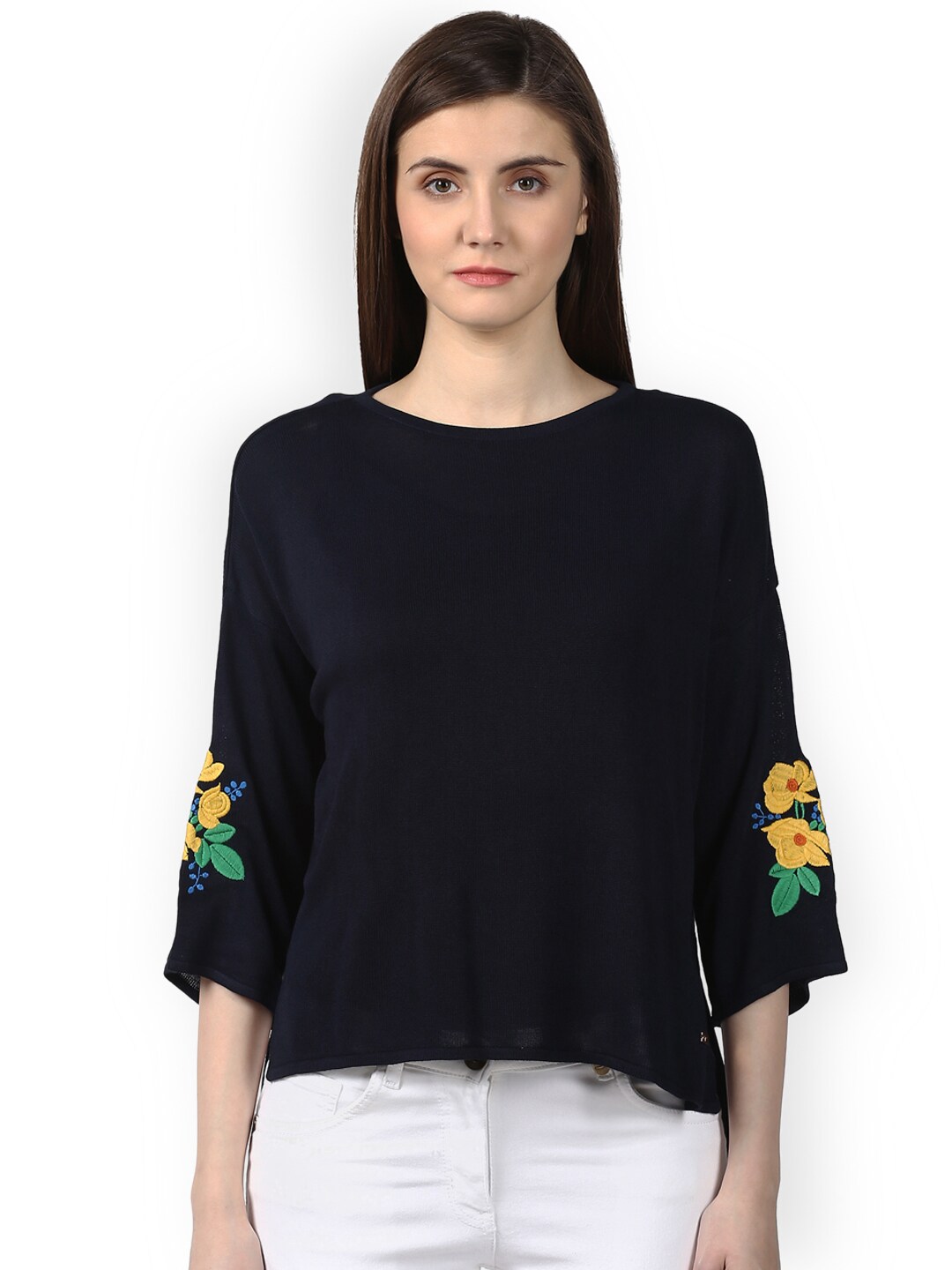 Park Avenue Women Navy Blue Embroidered Top