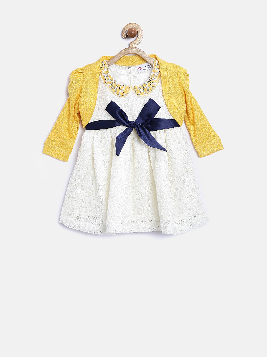 Peppermint Girls Off-White  Yellow Lace Fit  Flare Dress with Shrug