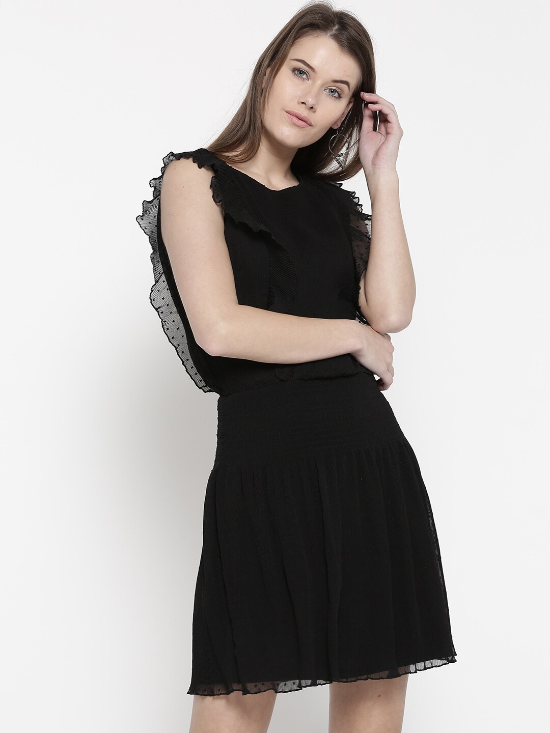 promod Women Black Ruffle Detail Fit  Flare Dress