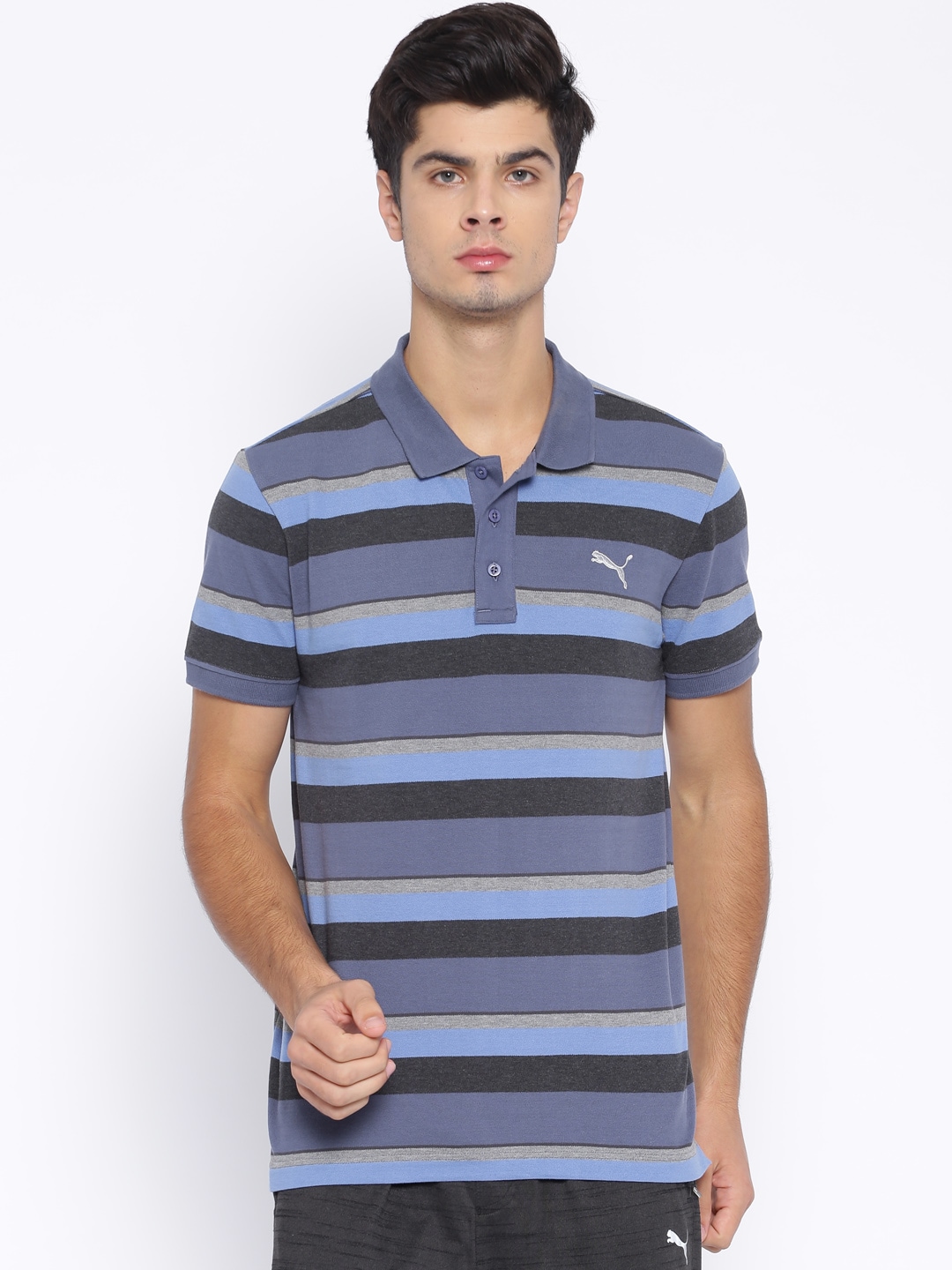 Puma Grey  Blue Race Striped Pique Polo Slim Fit T-Shirt